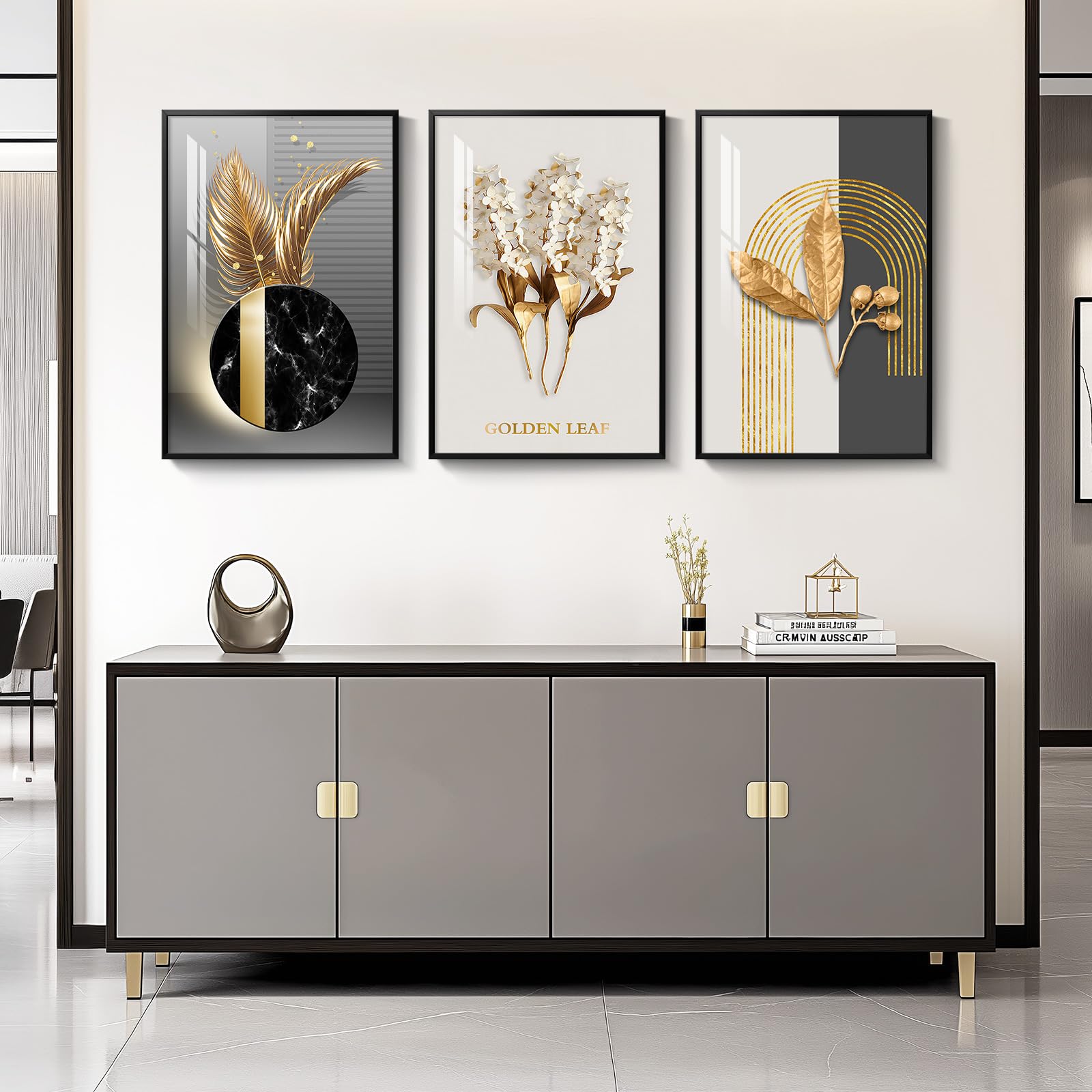Framed Modern Luxury Large Wall Art For Living Room, Set Of 3 Piece Black White Gold Contemporary Abstract Paintings Artwork For