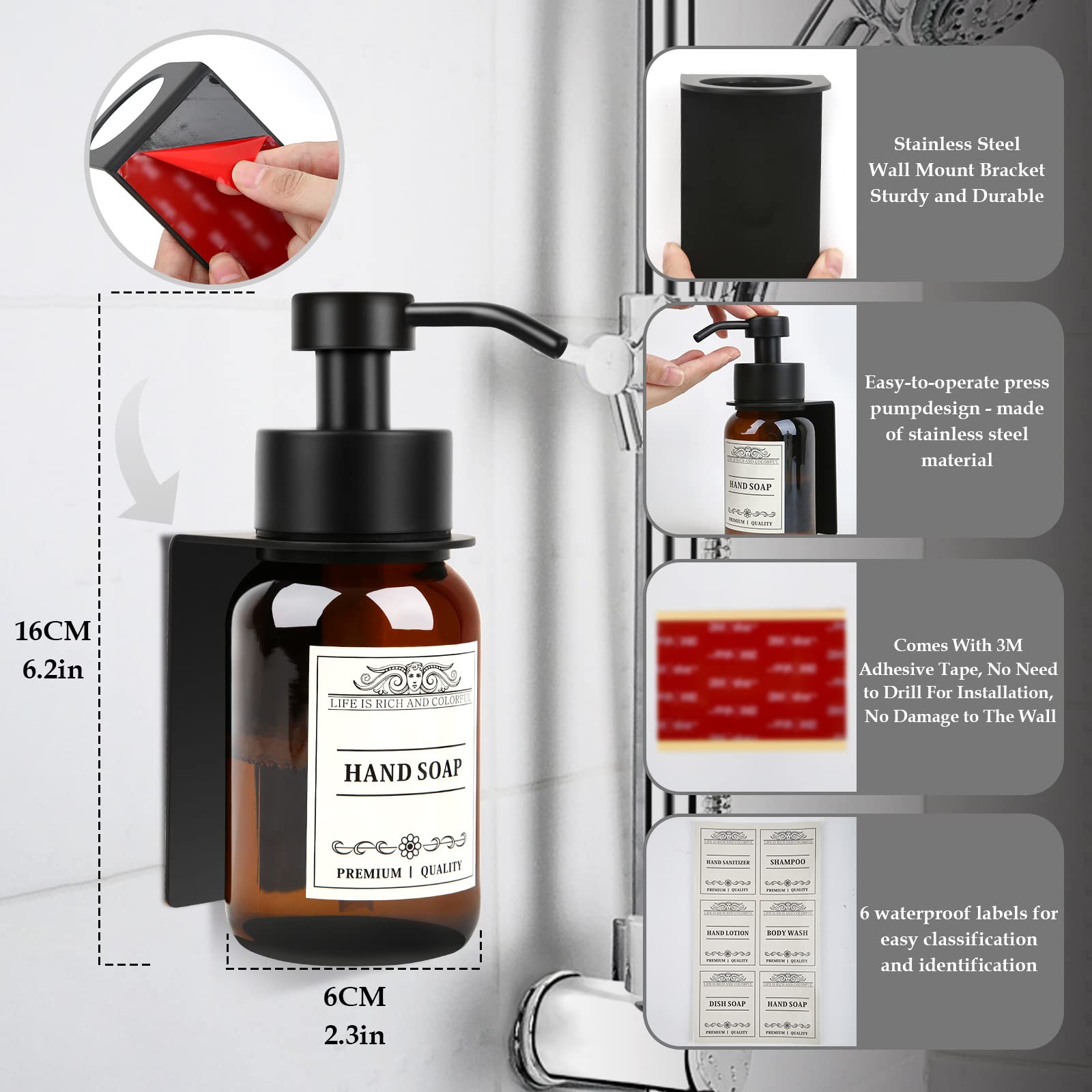 Nobtou Black Soap Dispenser Wall Mount For Bathroom - 8.5 Oz Glass Hand Soap Dispenser With Pump And Drill-Free Wall Mount Holde