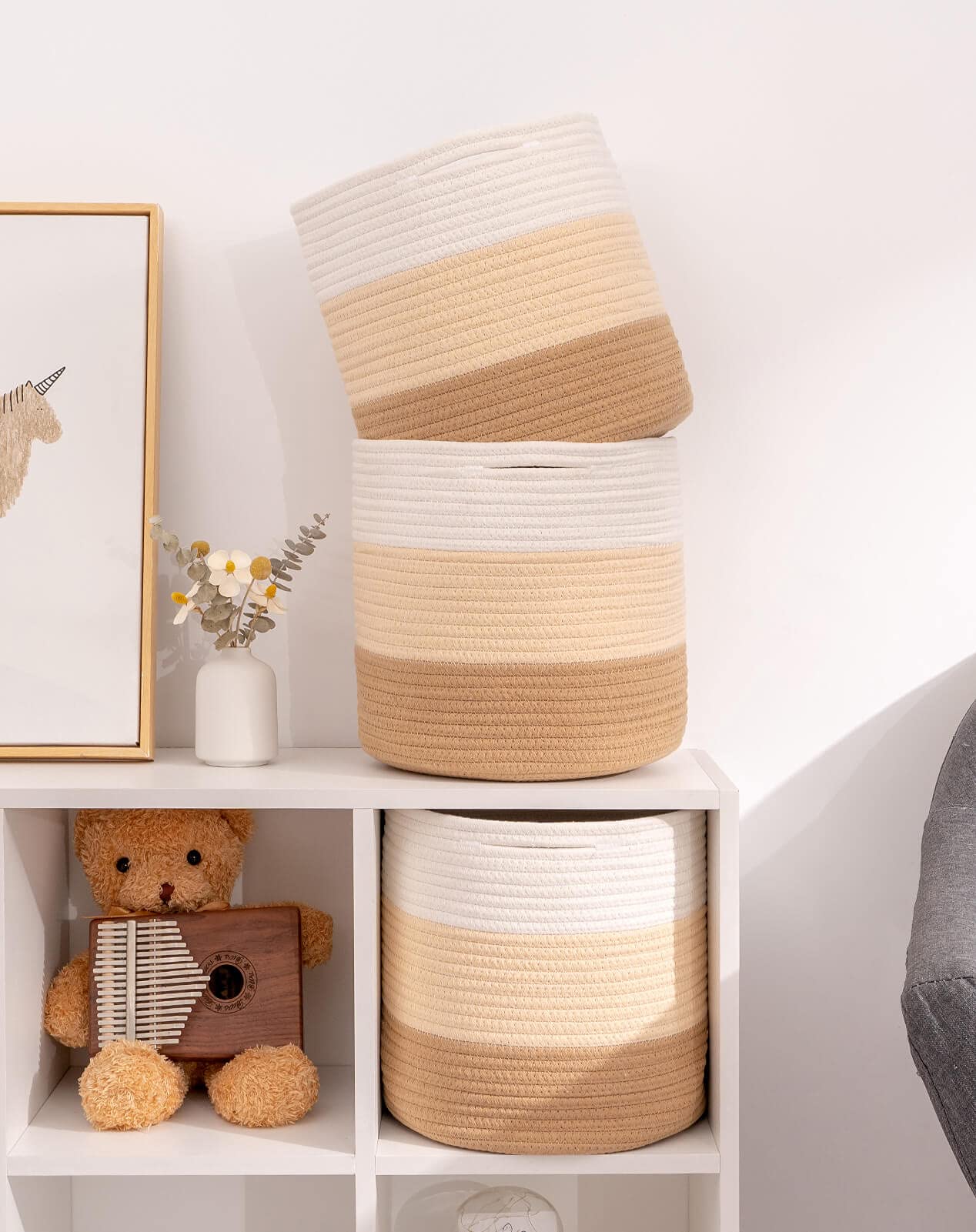 voten Storage Cubes Baskets Bins Organizer 11x11x11'' Fit 12x12''Cube Storage Organizer Bookcases Shelves Durable Woven Cotton Storage Basket for Organizing Round 3Pack 3-Tone Honey