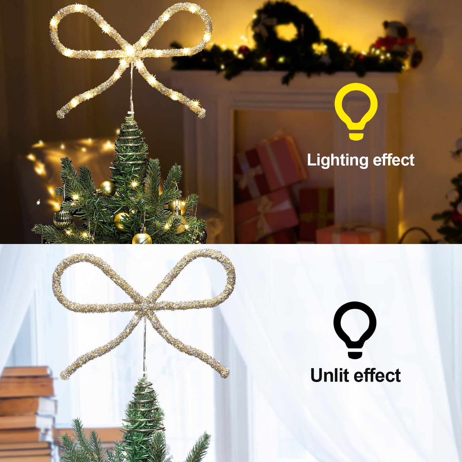 Retisee 9.8 Christmas Bow Tree Topper Gold Rhinestone Bow LED Tree Topper Christmas Decorations Decor for Xmas Holiday Wedding B