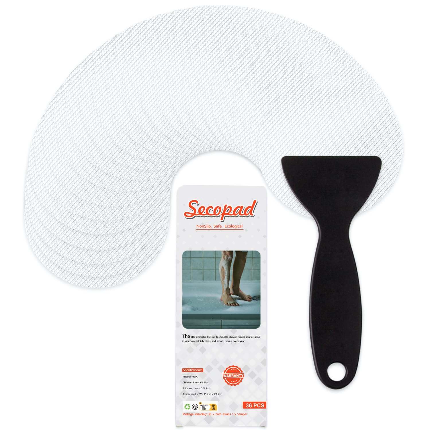 Secopad 36Pcs Bathtub Stickers Non-Slip, Safety Shower Treads Adhesive Appliques With Premium Scraper (White)