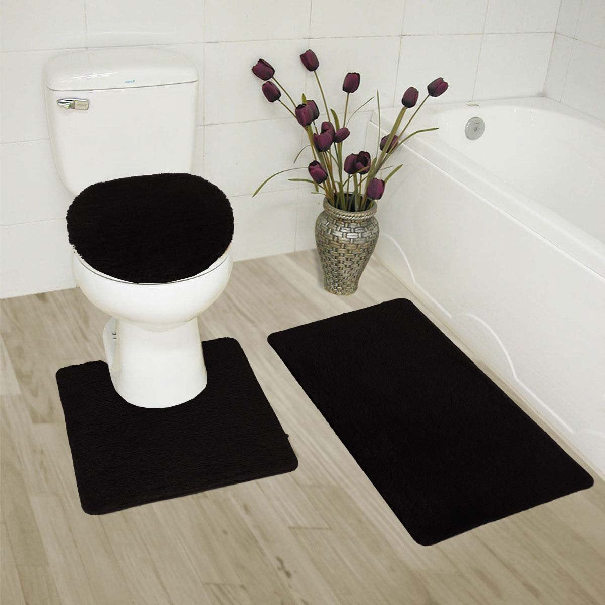 Fayari Elegant 3 Piece Bathroom Set Bath Mat, Contour Rug, And Lid Cover, With Rubber Backing (Black)