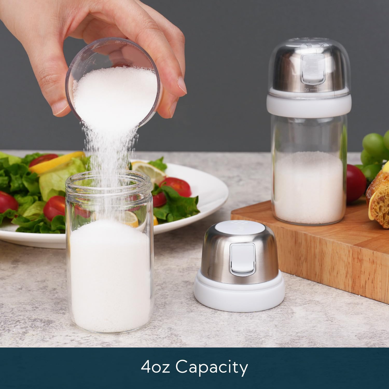 Ktchendao 2 In 1 Glass Salt Shaker With Side Pour Spout, Built-In Lid To Slow Down Dampness With Mearsuring Marks, Elegant Boros