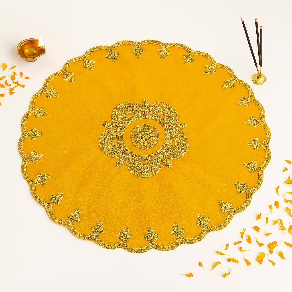 Shoppersduniya Yellow Velvet Designer Aasan Pooja Cloth Mat Mandir Temple Home Office Base Chowki 46cm