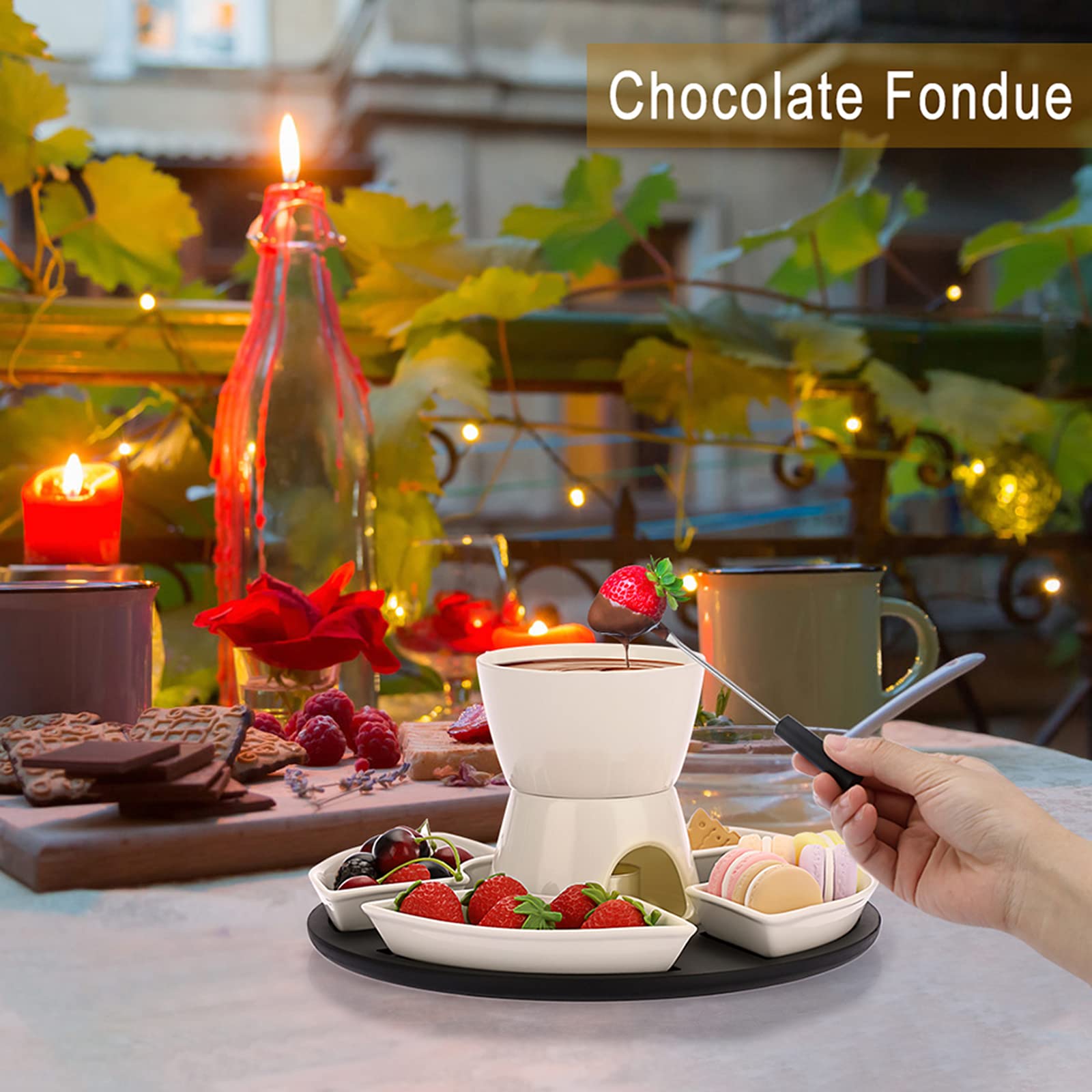 Bstkey 300Ml Ceramic Butter Warmer Set With Wooden Pallet, Fondue Pot Melting Pot Set, Melt Hot Pot Bowl Set For Cheese Chocolat