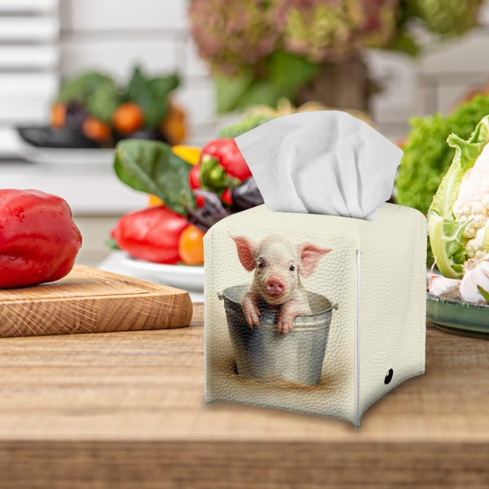 Tutolipy Baby Pig Tissue Box Holder Square Tissue Box Cover Decorative Pu Leather Napkin Organizer Dispenser For Night Stands Ba