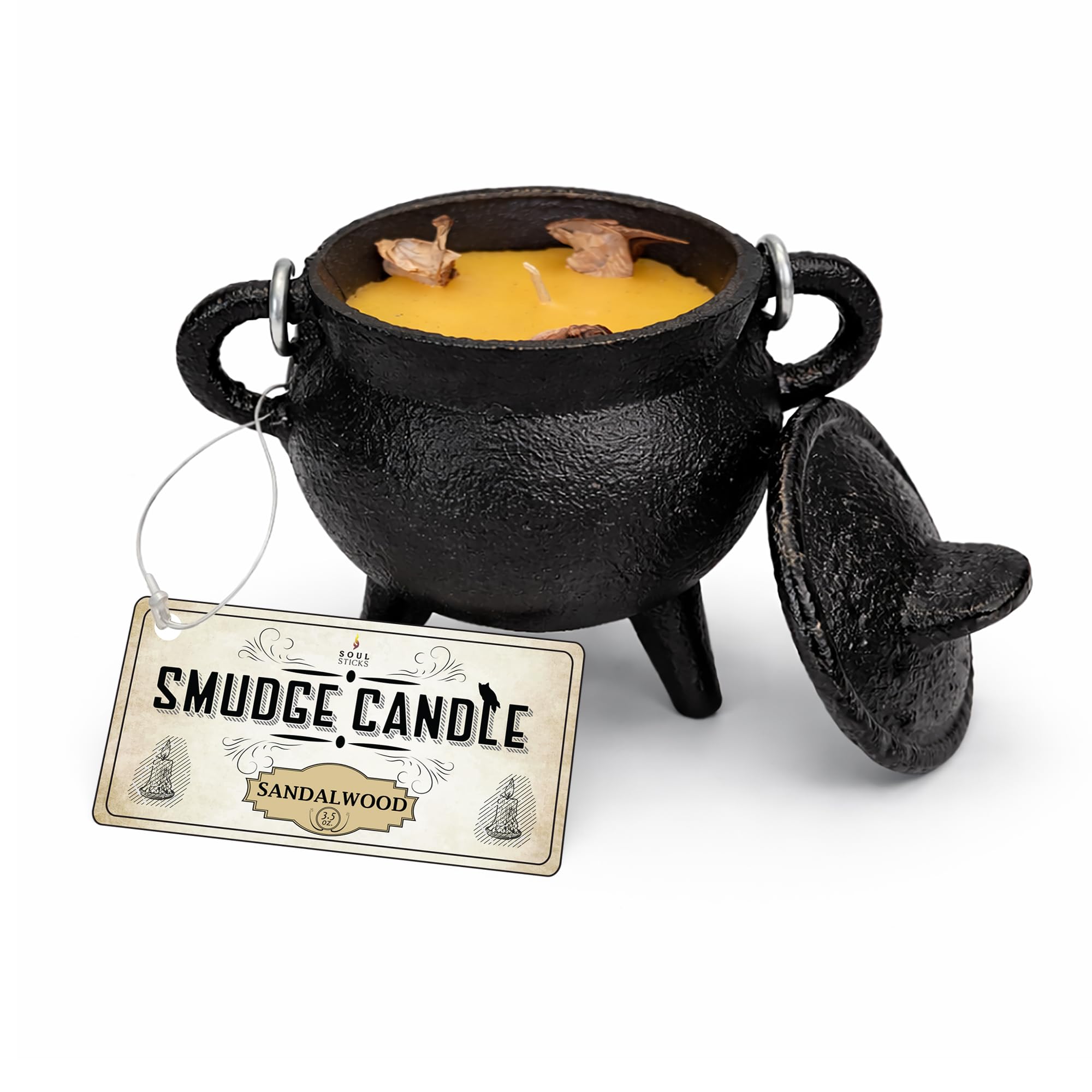 Reusable 4-Inch Cast Iron Cauldron Candle with Lid and Hanging Handle | Ritual & Aromatherapy Candle for Spell Casting, Smudging
