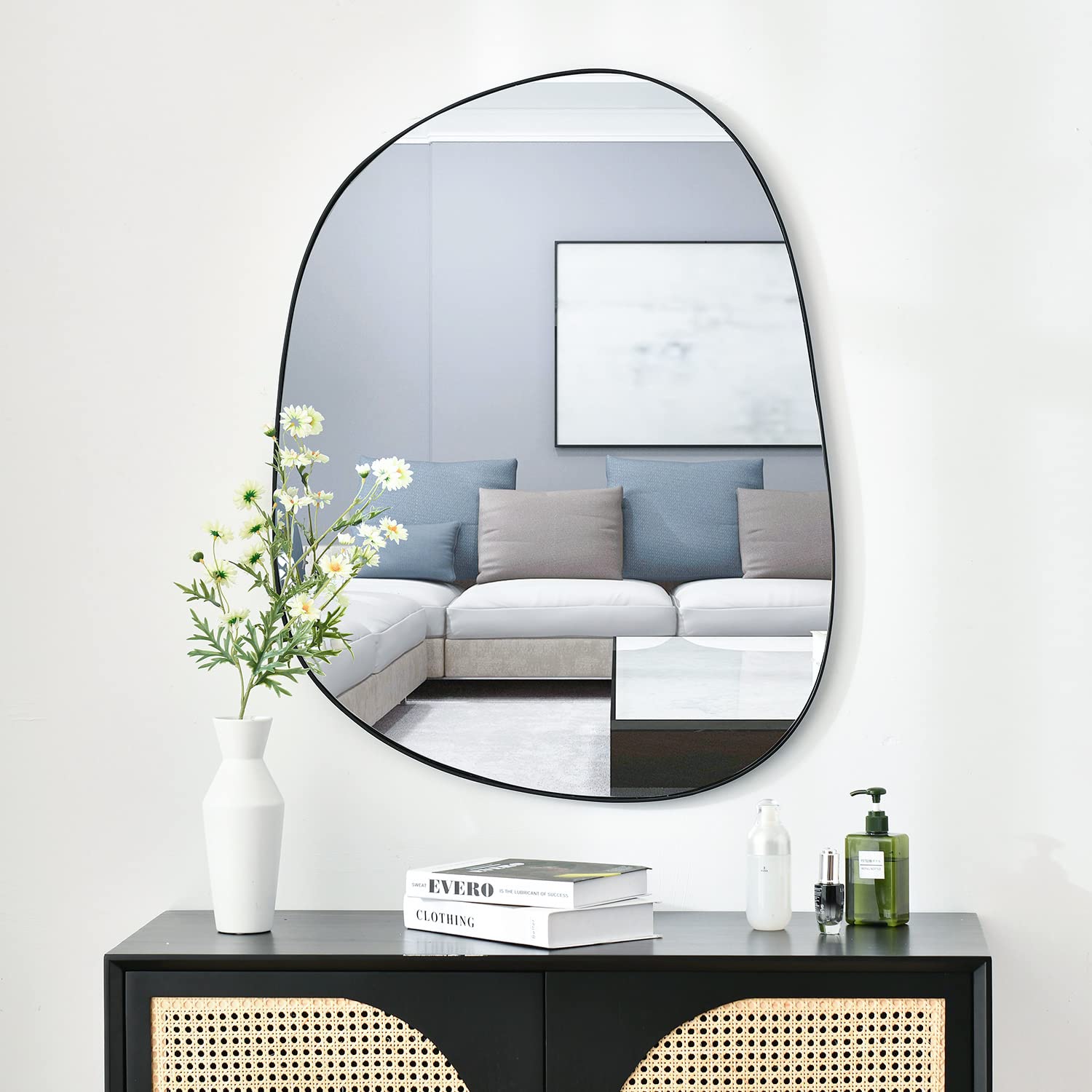 Asymmetrical Wall Mirror for Decor 27*35, Modern Black Framed Wall Mirror for Living Room Bathroom Bedroom Entryway ELE-STOU-006