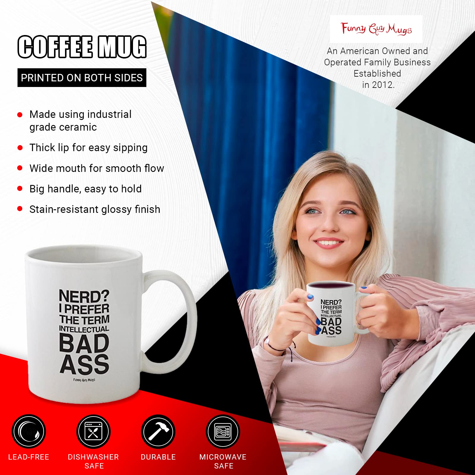 Funny Guy Mugs Nerd? I Prefer The Term Intellectual Bad Ass Ceramic Coffee Mug - 11Oz - Ideal Funny Coffee Mug For Women And Men
