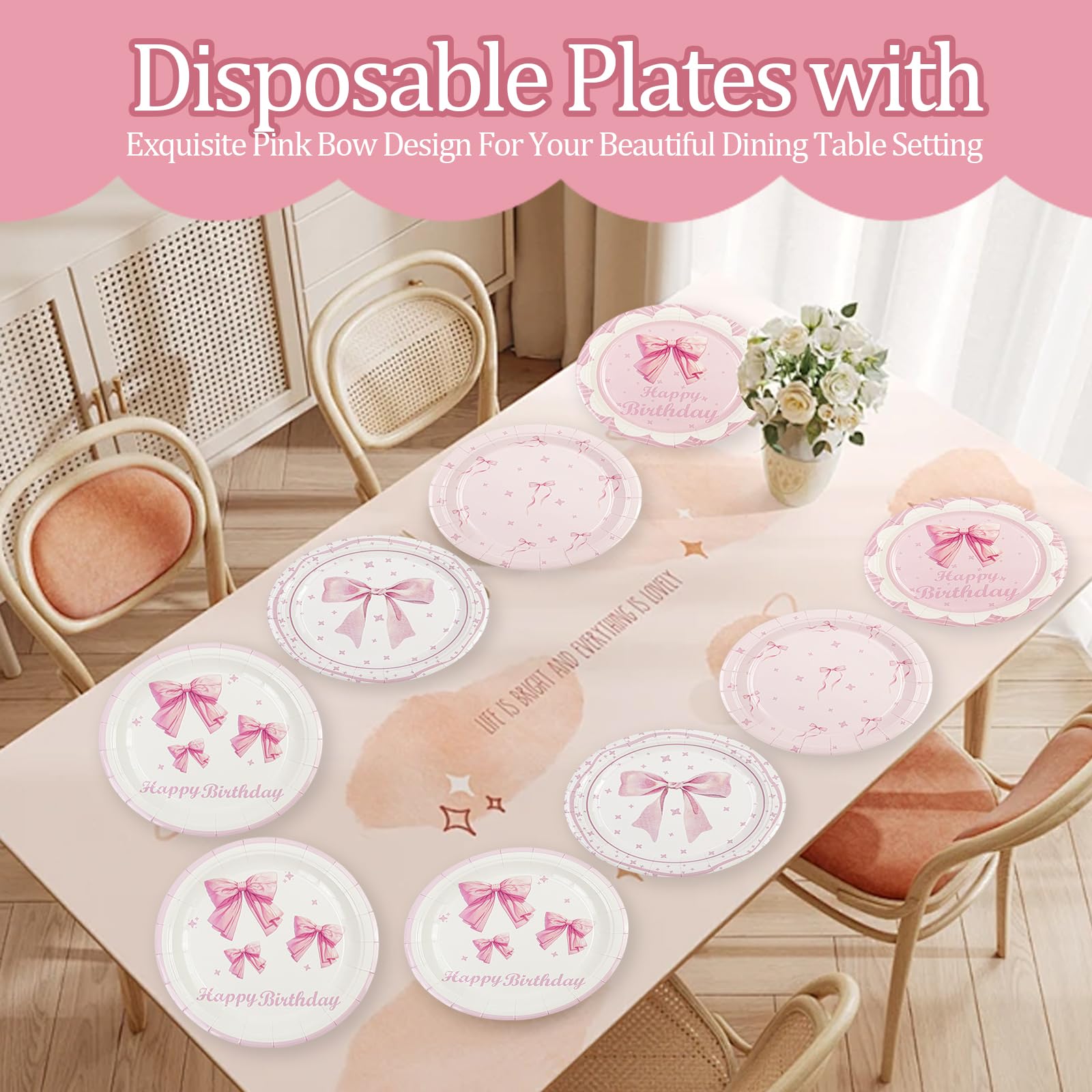 48Pcs Bow Plates, Pink Bow Birthday Plates 7 Inch Pink Disposable Paper Plates Coquette Cute Tableware Dinnerware Sets Girl Brid