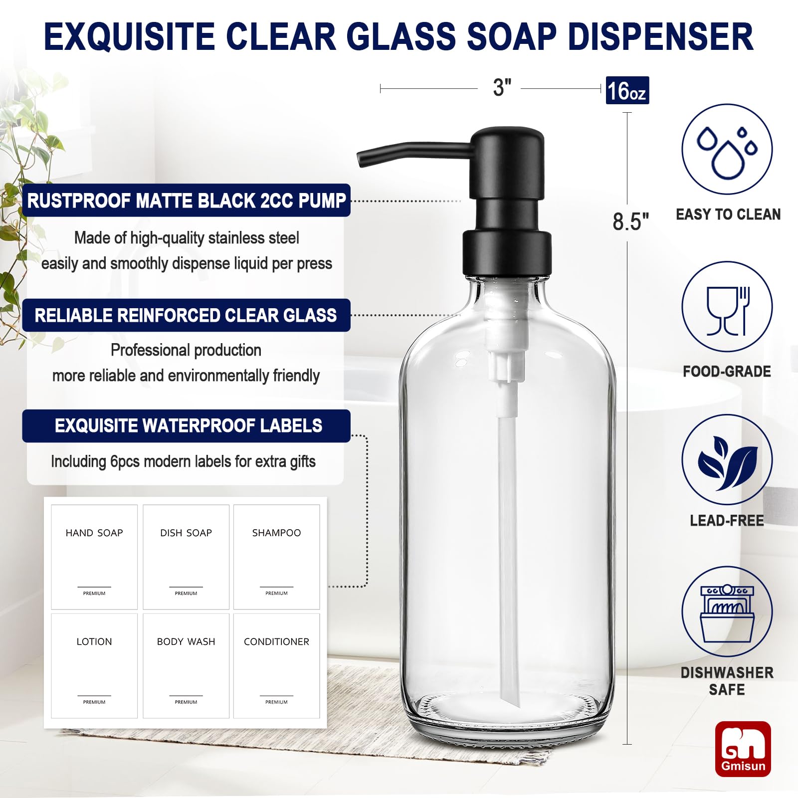 Gmisun Glass Soap Dispenser With Pump, 2 Pack Clear Bathroom Hand Soap Dispenser With Stainless Steel Pump, 16 Oz Refillable Kit