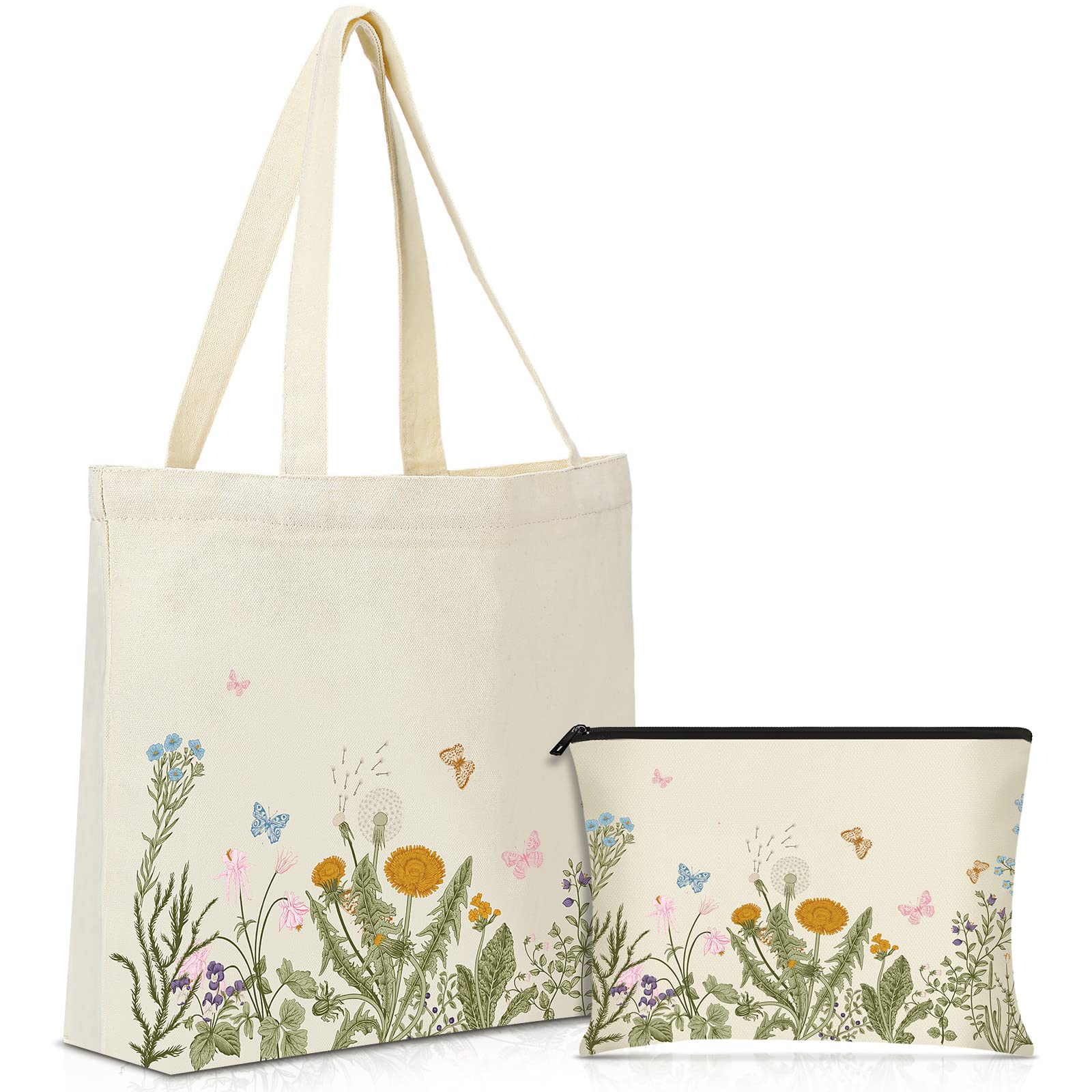 Sadnyy 2 Pcs Wildflower Canvas Tote Bags For Women Cute Aesthetic Floral Makeup Bags Valentine Gift For Teacher Coworker Travel