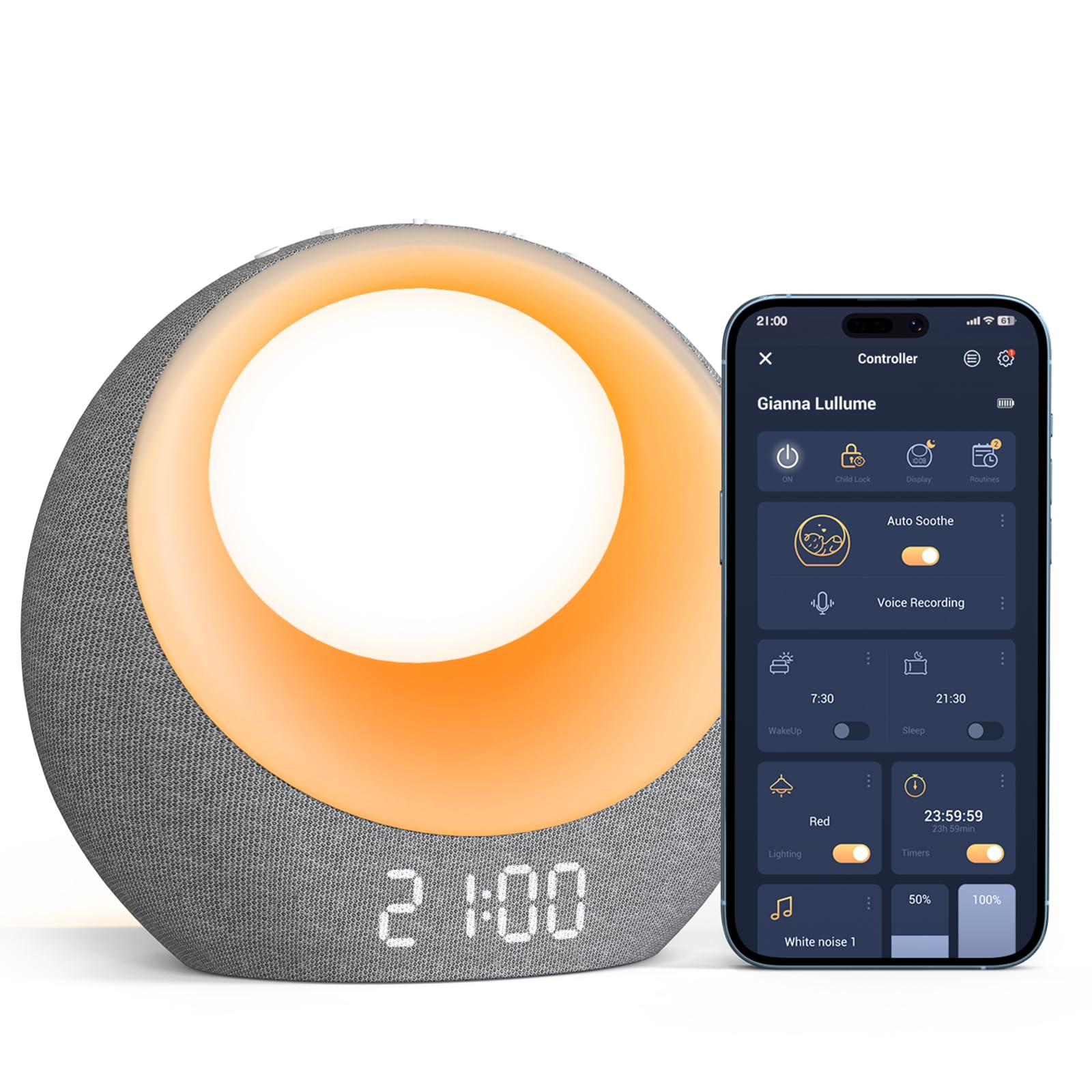 Gianna Baby Sound Machine - Auto-Soothing, Customizable Recording, 26 Soothing Sounds, 8 Eye-Care Lights, APP-Controlled White N
