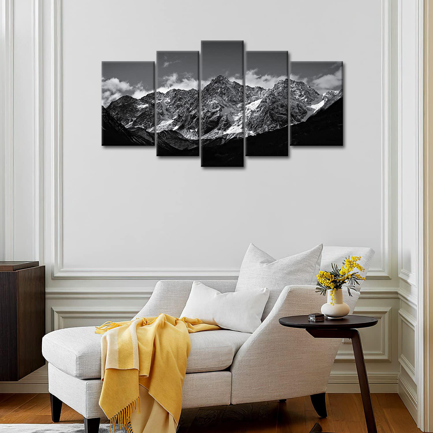 Canvas Wall Art Mountain Black And White Snow Mountain Landscape Picture 5 Pieces Prints On Canvas Modern Giclee Framed Artwork