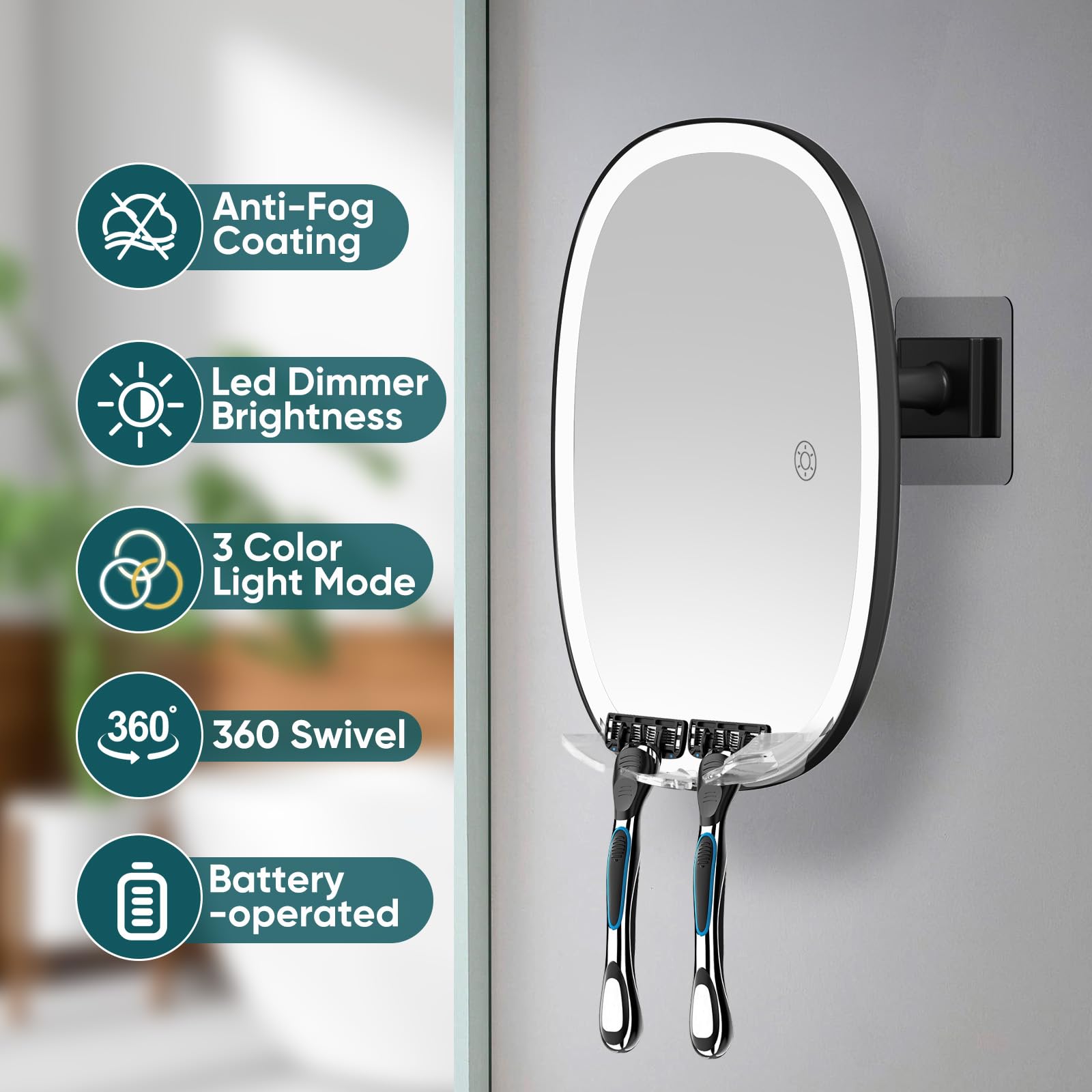 Cosmirror Shower Mirror Fogless For Shaving With 3-Color Dimmable Lights - Razor Holders, No-Drilling, Larger Lighted Anti-Fog S