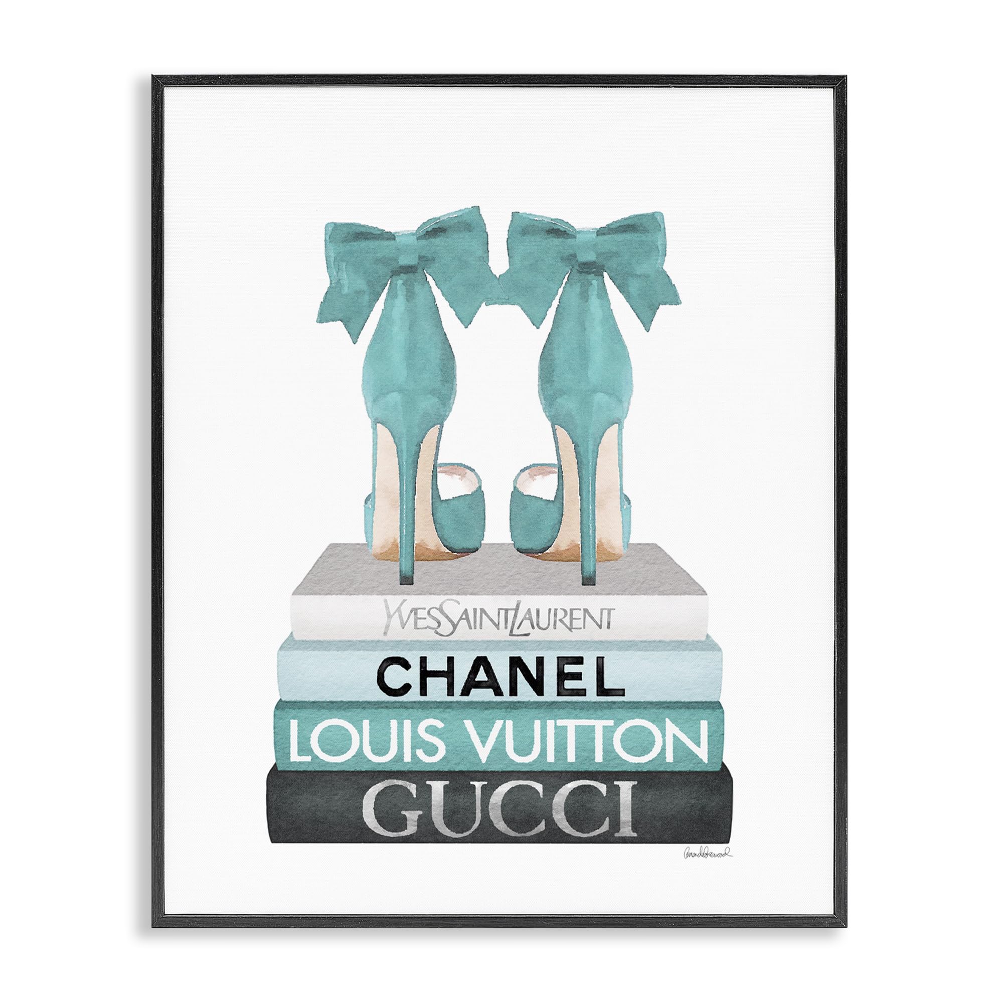 Stupell Industries Turquoise Bow Heels on Books, Framed Giclee Art, Black, 11 x 14 Inches, Easy to Hang and Sturdy, Made in US