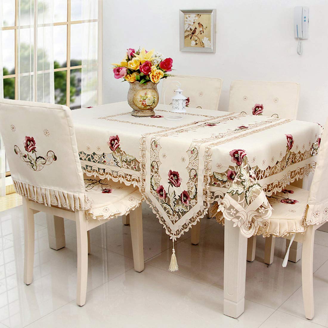 Lelehome 58 Inch X 86 Inch Oblong Tablecloth Rufous Red Rose Flower Embroidered, Classic Lace Cream Beige Table Cloth Cover For