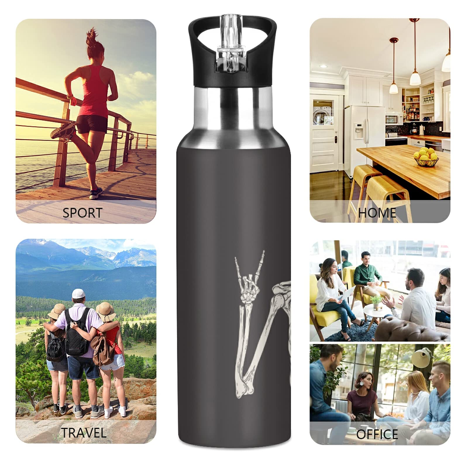 C.Iopmnu Funny Skull Water Bottle With Straw Lid, Funny Skeleton 20 Oz Stainless Steel Insulated Keeps Hot And Cold Bottle, Leak