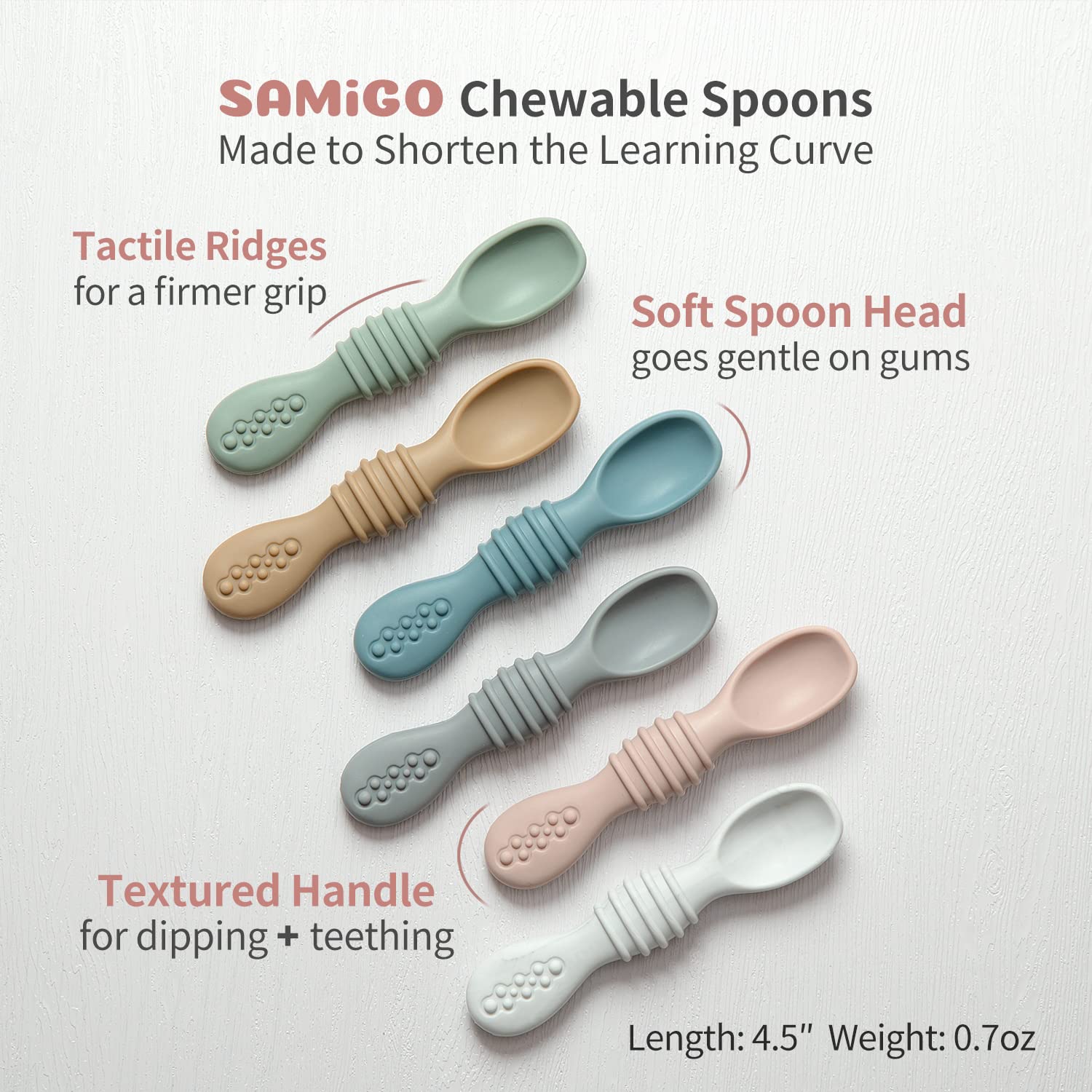 Samigo Silicone Baby Utensils - Self Feeding Spoons And Tiny Training Cup - First Stage Baby Led Weaning Supplies For 6 Months+