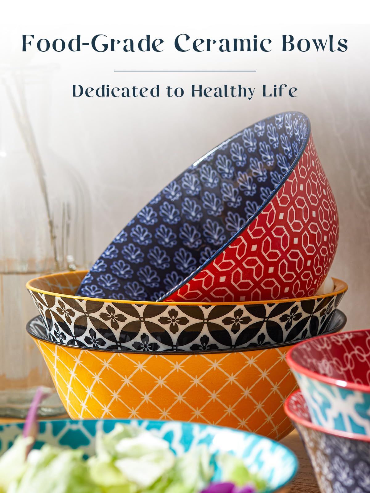 DOWAN 33 OZ Colorful Large Bowls Set of 6 - Ceramic Deep Bowls for Ramen  Pasta  Salad - Vibrant Patterned Porcelain Bowls for Kitchen Decor & Housewarming Gift - Dishwasher & Microwave Safe