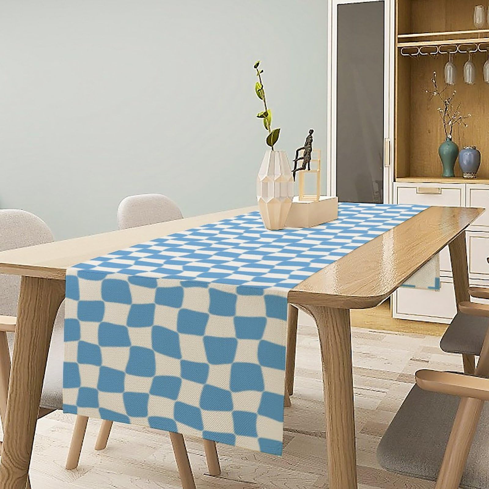 70s Hippie Table Runner Groovy Blue Twisted Checkered Funky Modern Geometric Boho Dinner Runner for Living Room Kitchen Party Ho