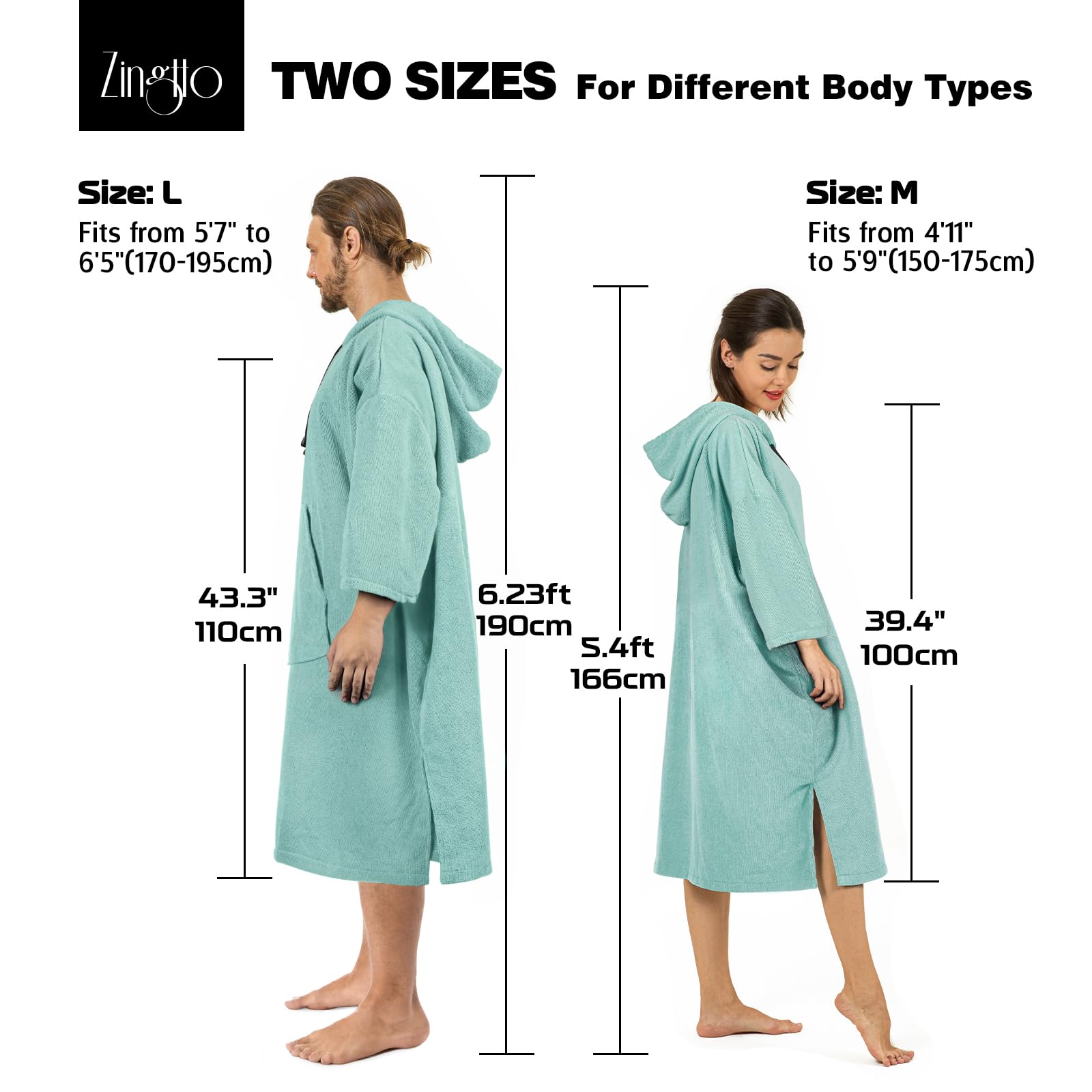 Zingtto Surf Poncho Changing Robe, 3/4 Sleeve Extra Large Thick Hoodie Towel Poncho For Men Women Beach Swimming, 43'' X 35'', T