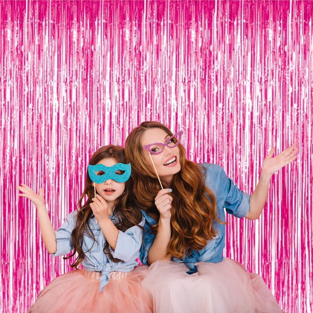 GOER 3.2 ft x 9.8 ft Metallic Tinsel Foil Fringe Curtains Party Photo Backdrop Party Streamers for Galentines Day Birthday Graduation New Year Eve Decorations Wedding Decor (1 Pack  Hot Pink)