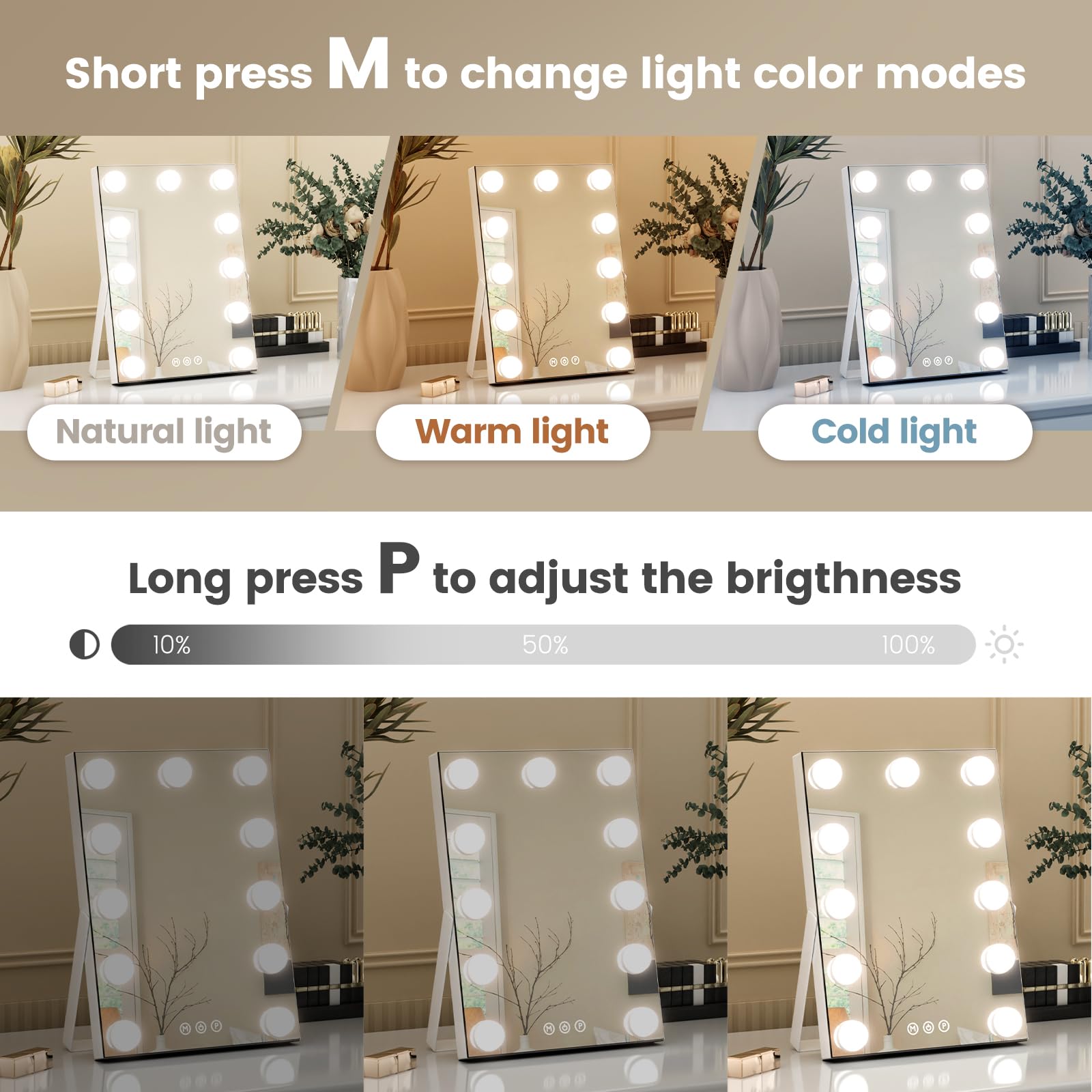 Ajjssa Hollywood Vanity Mirror, 11''X 14'' Hollywood Lighted Makeup Mirror With Detachable 10X Magnification & 11Dimmable 3 Colo