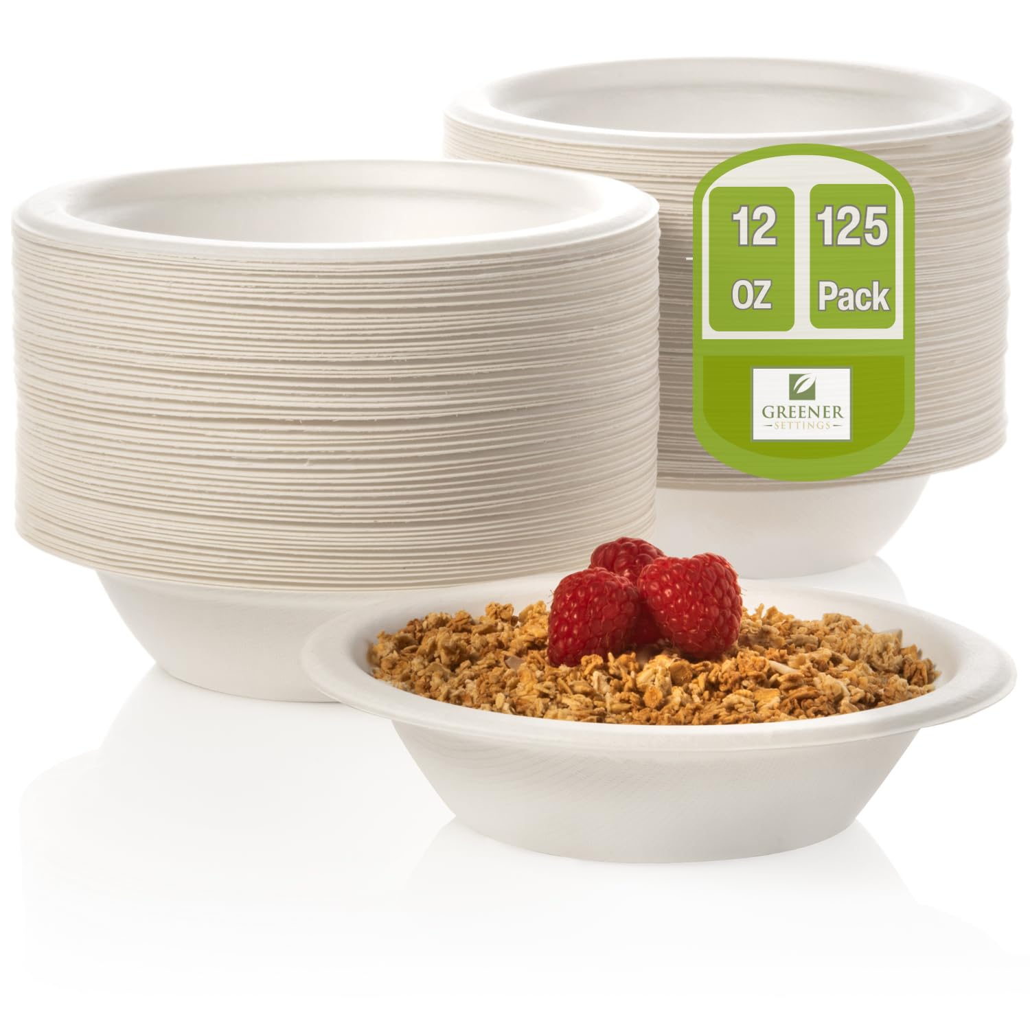 Greener Settings Disposable Paper Bowls [125Pack]  12 Oz Compostable Soup Bowls, Heavy Duty Natural Bagasse, EcoFriendly & Bi