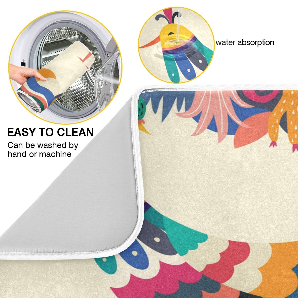 Colorful Mexican Design Stylish Artistic Bird Dish Drying Mat For Kitchen, Absorbent Microfiber Drying Pad Dish Mat, 24'' X 18''