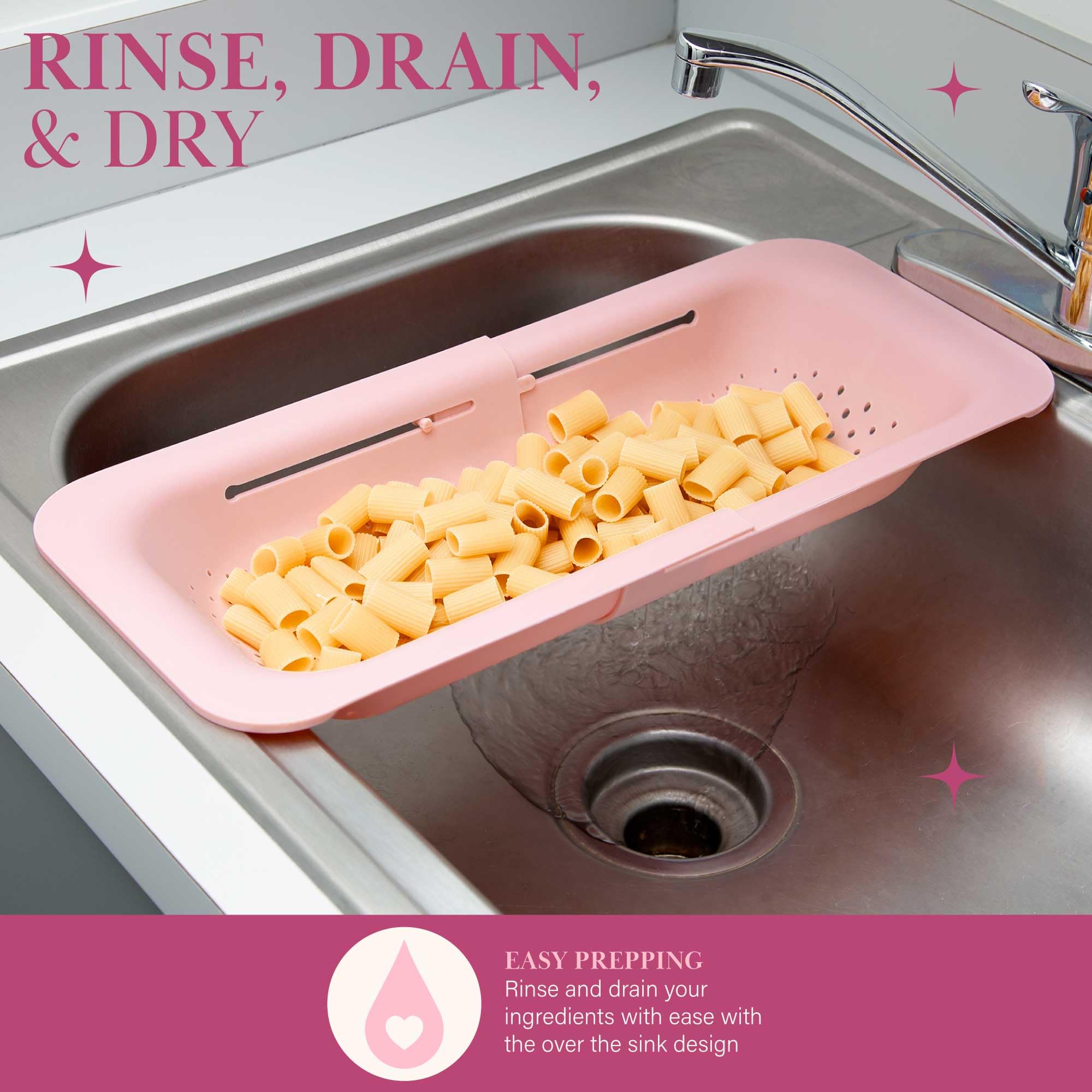 Paris Hilton Over The Sink Expandable Colander, Extendable Strainer, Adjustable From 14.5 Inches To 19.5 Inches, Fits Most Kitch
