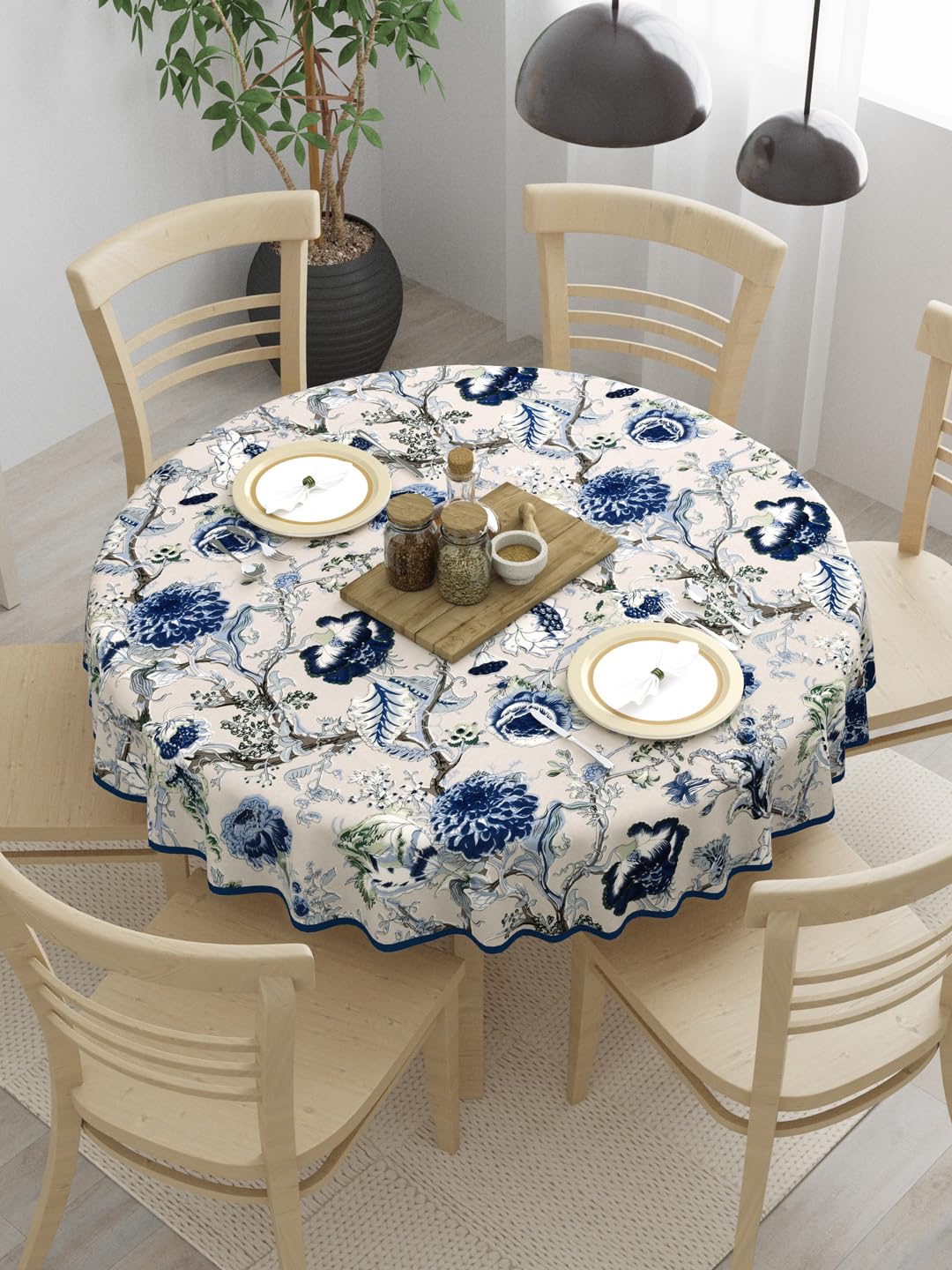 Clasiko 100% Cotton 6 Seater Round Table Cover; 72x72 Inches; Blue Flowers