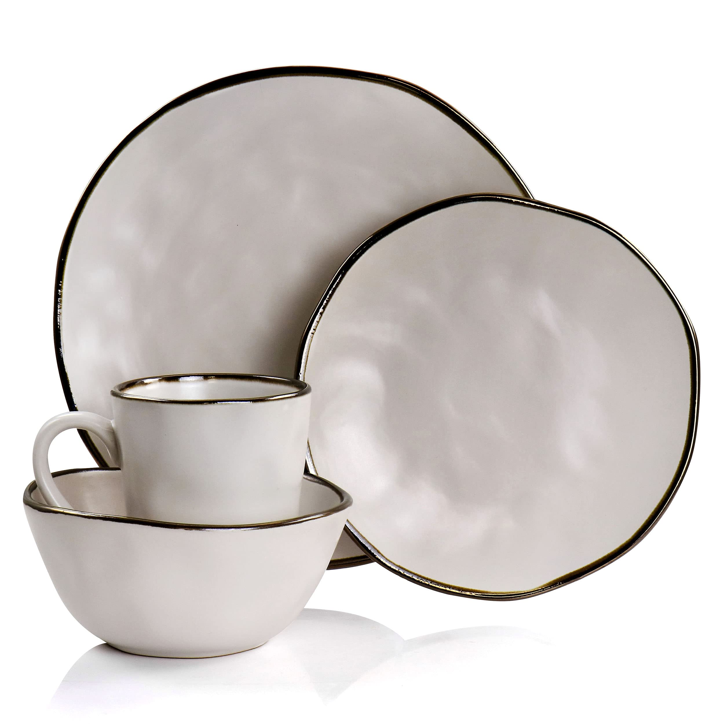 Elama Modern 16 Piece Stoneware Dinnerware Set in Matte White with Gold Rim, (ELM-MATTE)