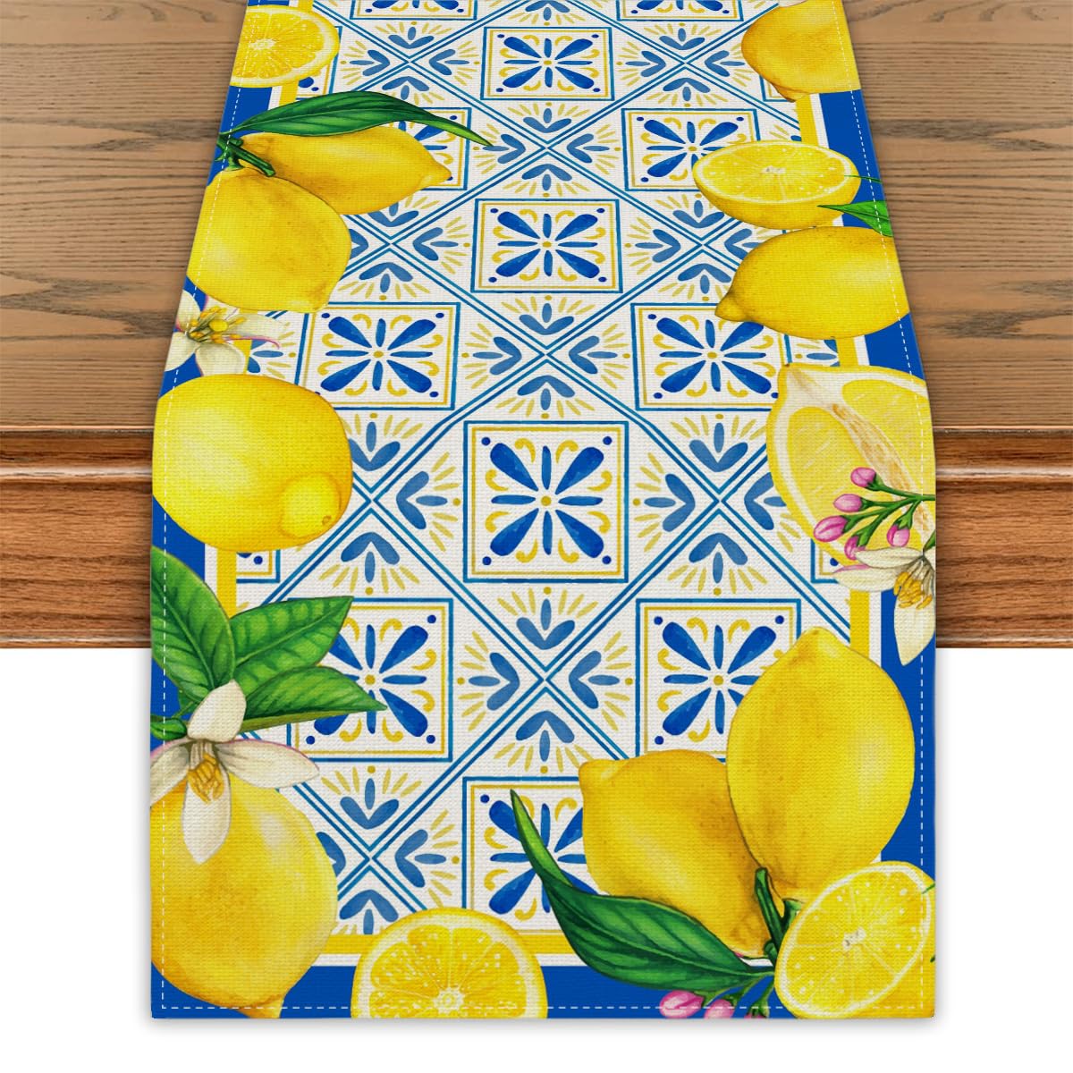 Summer Lemon Table Runner Spring Italian Lemons Table Cover Italy Blue Tiles Lemon Decor Cyan-Blue Tile Burlap Artificial Lemon