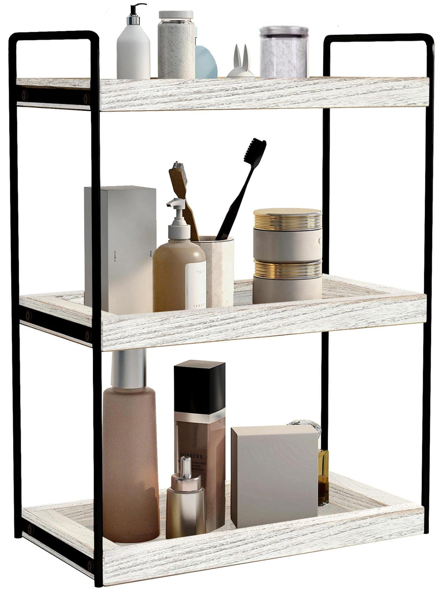 Dorhors 3 Tier Bathroom Counter Organizer,Countertop Bathroom Storage Shelf,Counter Tray and Vanity Organizer (Rustic White)