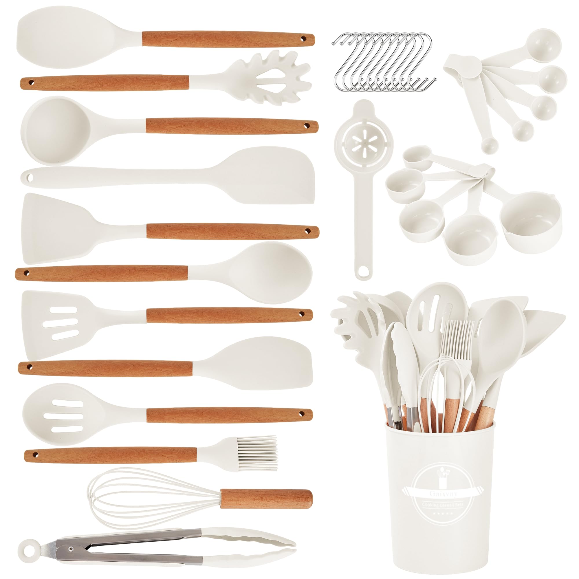 Gaixvny Kitchen Utensils Set - 34 PCS Non-Stick Silicone Cooking Utensils Set Spatula Set with Holder, Wooden Handle Spoon,Brush