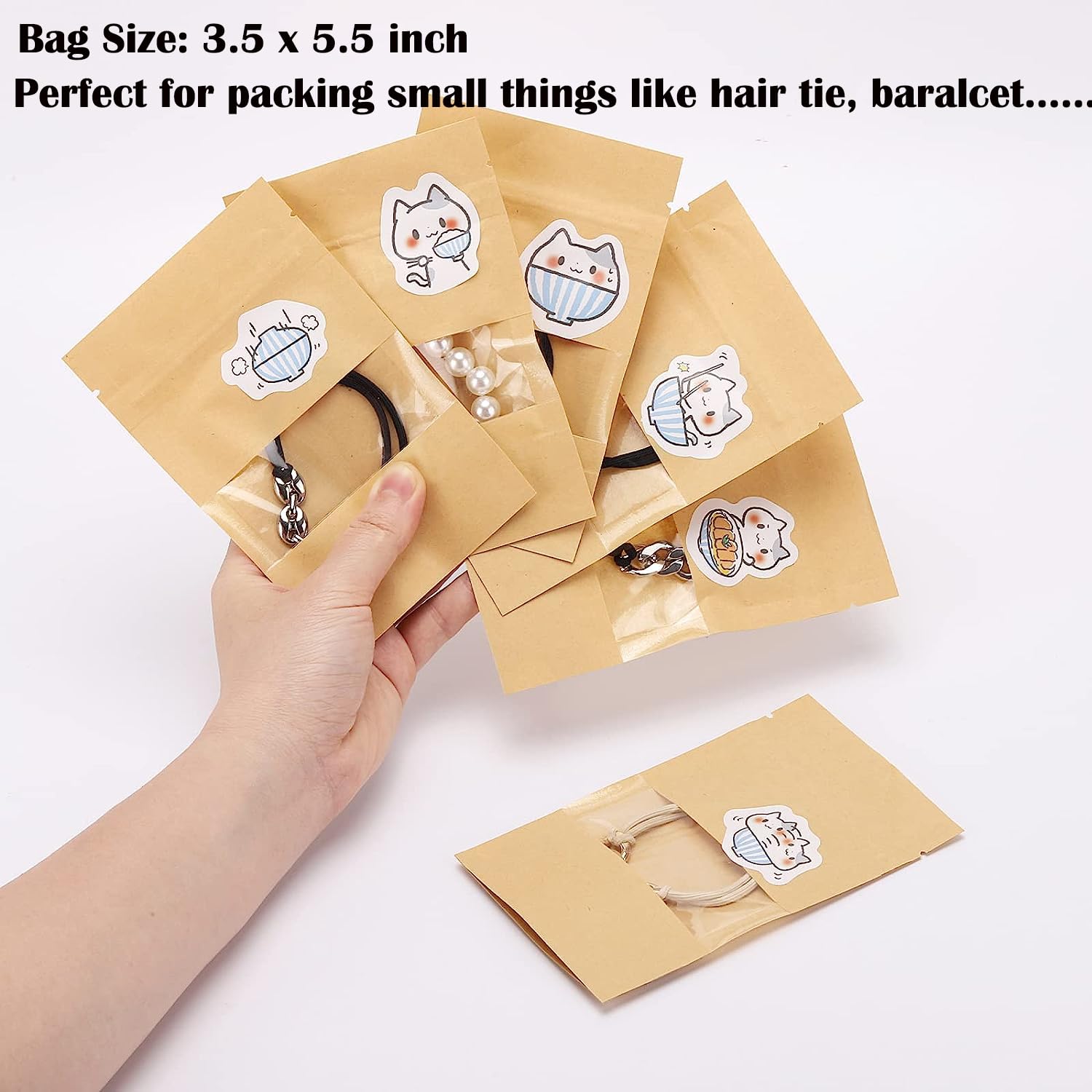 100Pcs 3.5 X 5.5 Inch Kraft Paper Treat Bags With Window Ziplock Stand Up Pouches For Food Storage Cookies Snacks Tea Packing