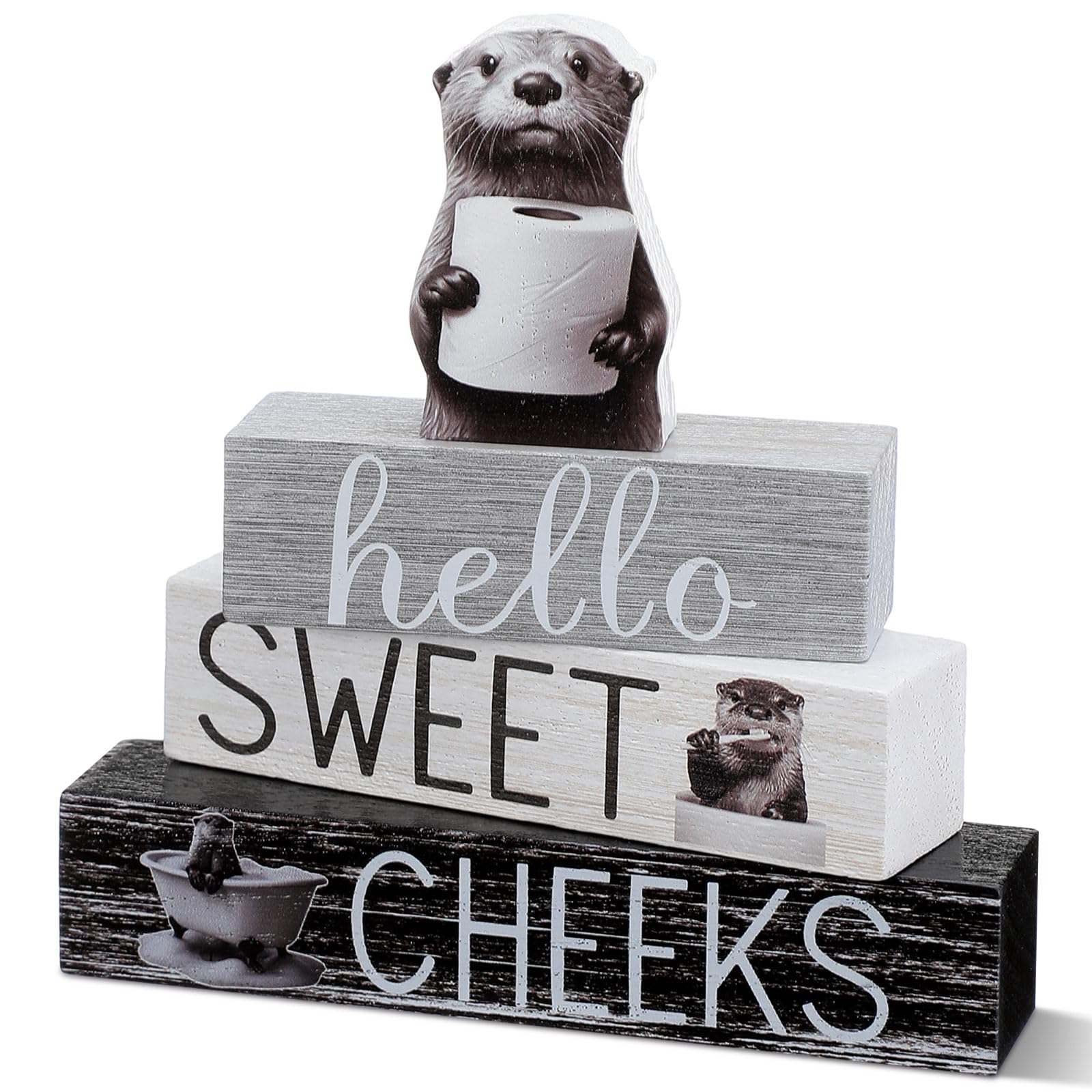 Cinnvoice 4 Pcs Otter Bathroom Decor Farmhouse Bathroom Decoration Western Hello Sweet Cheeks Table Centerpiece Gift for Christm
