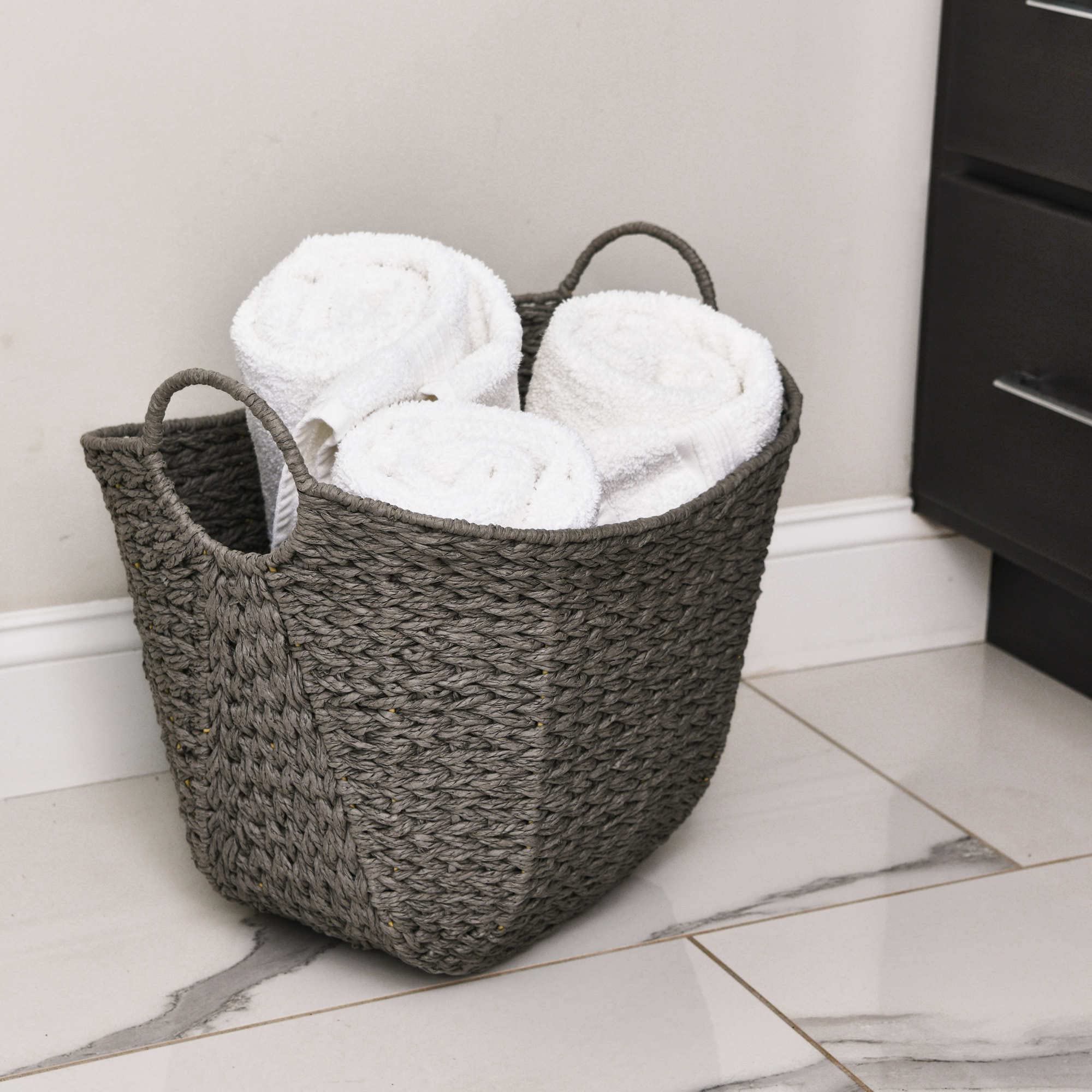Household Essentials Natural Woven Wicker Storage Handles Basket, Gray