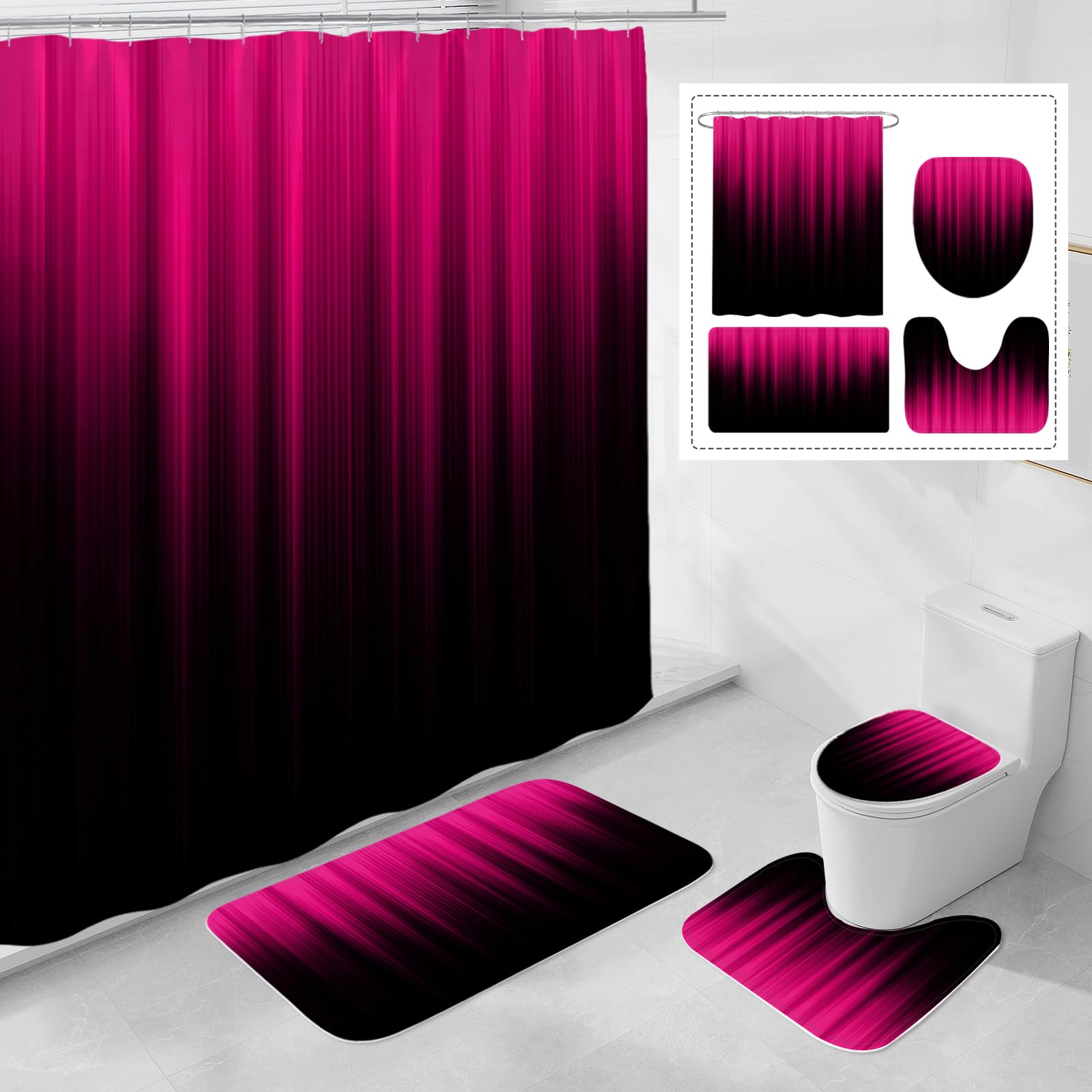 Litabel 4 Pcs Hot Pink And Black Gradient Shower Curtain Set With Rugs And Toilet Lid Cover, Modern Simple Waterproof Fabric Bat