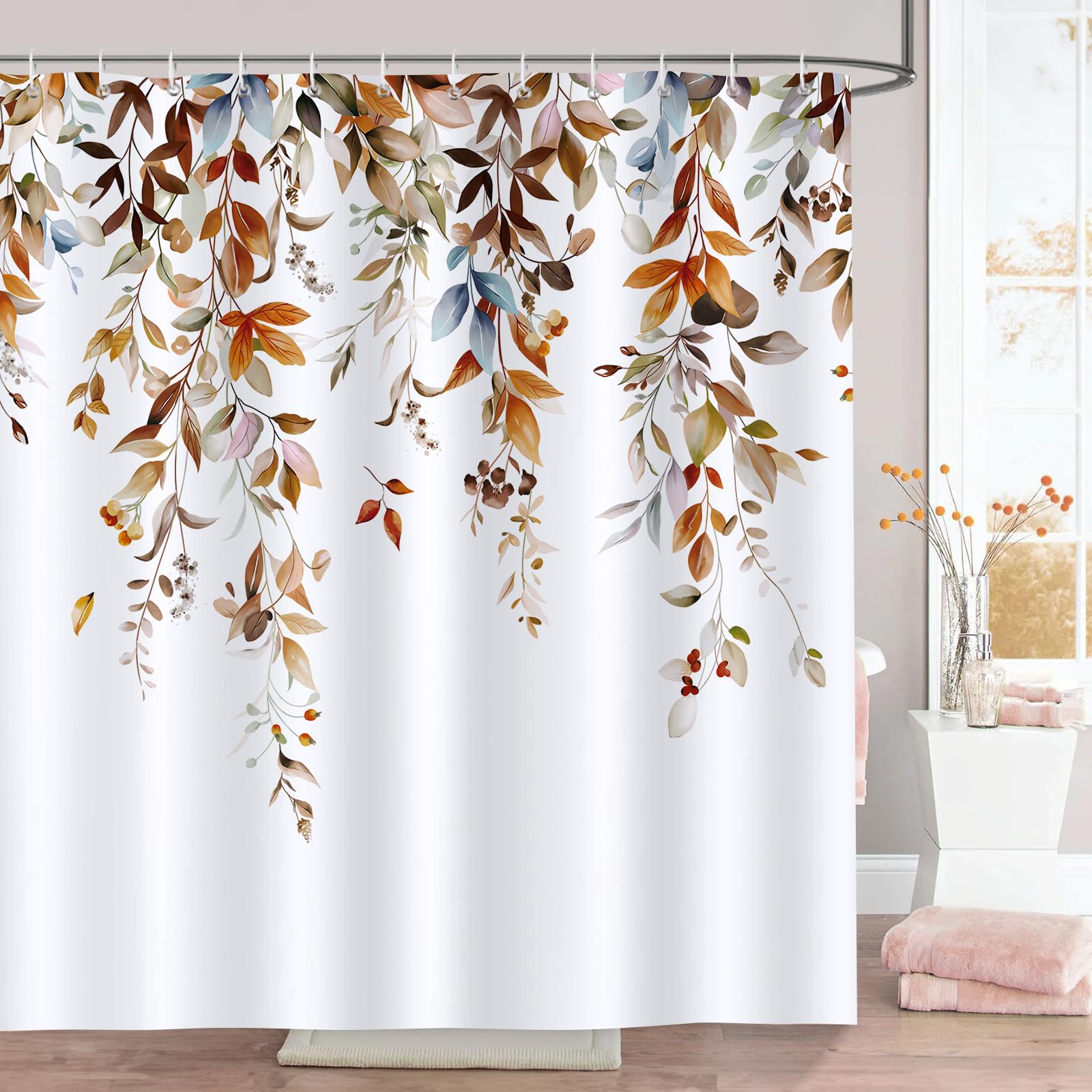 Bonhause Brown Eucalyptus Shower Curtain, Watercolor Plant Leaves Bathroom Curtain 72 X 72 Inch Polyester Fabric Waterproof Bath