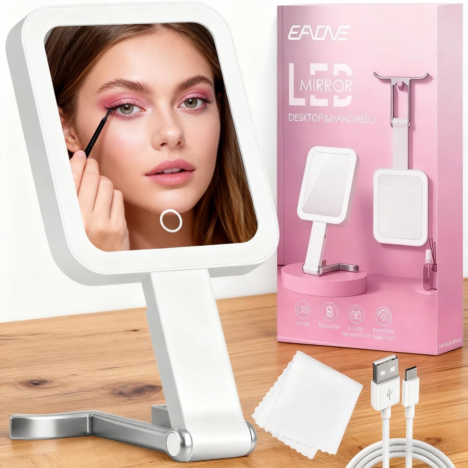 EAONE Vanity Makeup Mirror with Lights, Magnifying Mirror 10X/1X Double Sided with 3 Color Lighting & Dimmable Touch Screen, Com