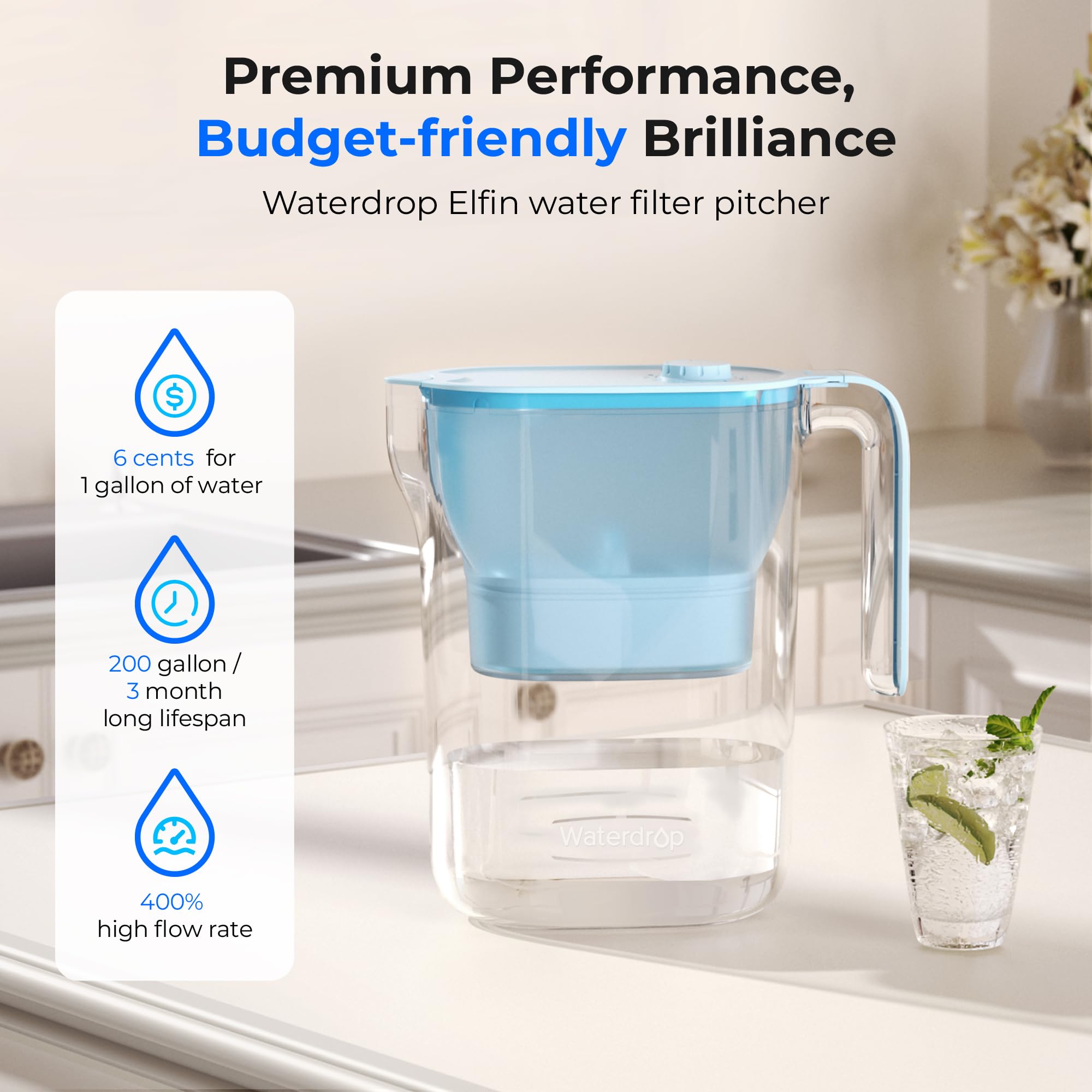 Waterdrop 200-Gallon Long-Life Water Filter Pitcher, Nsf Certified Water Purifier, Replaces 6,400 Plastic Water Bottles A Year,
