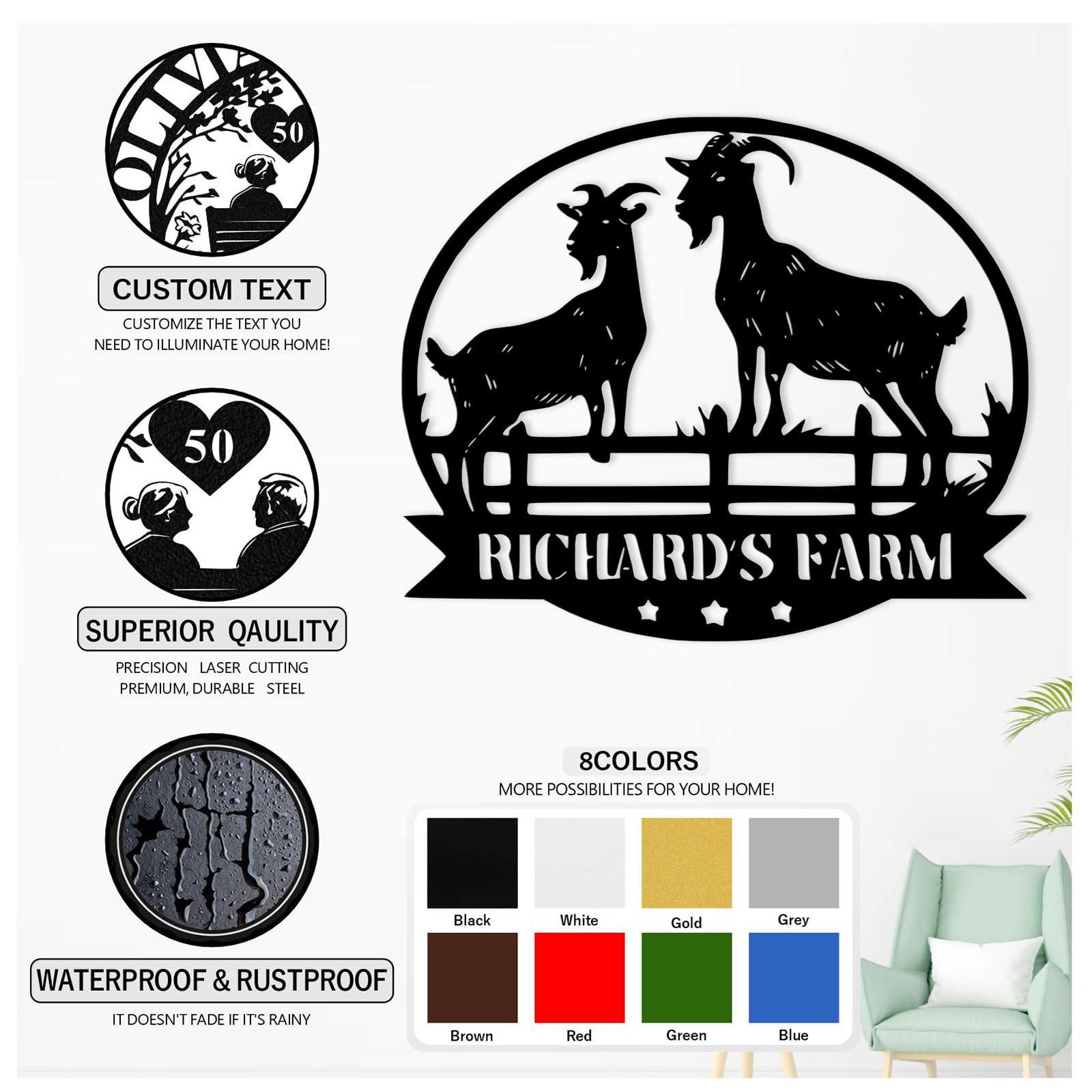 Personalized Goat Metal Sign, Custom Farm Animals Wall Art, Personalized Farm Goat Name Sign, Metal Goats Wall Decor for Ranch B