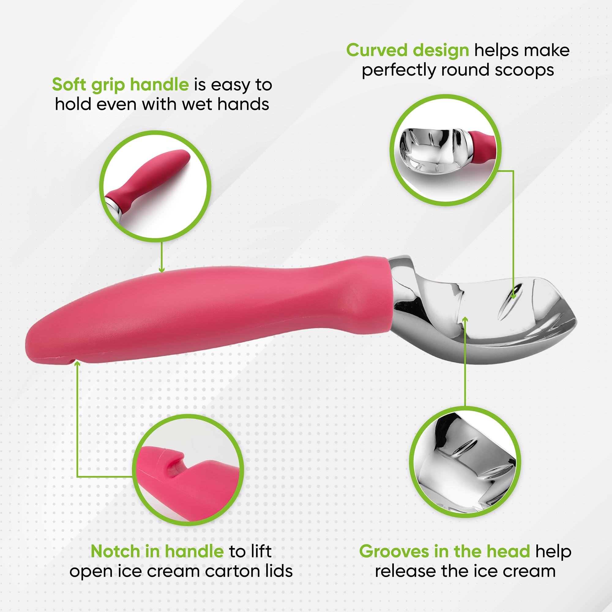 Spring Chef Pink Heavy Duty Ice Cream Scoop With Soft Grip Handle, Professional Ice Cream Scooper, Metal Ice Cream Spoon For Coo