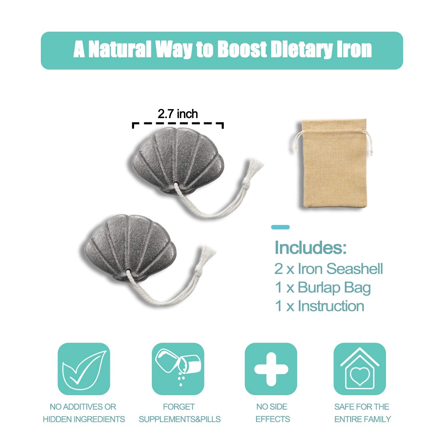 2 Packs Of Iron Seashell With Bag - A Natural Source Of Iron To Reduce The Risk Of Deficiency, An Effective And Safe Cooking Too