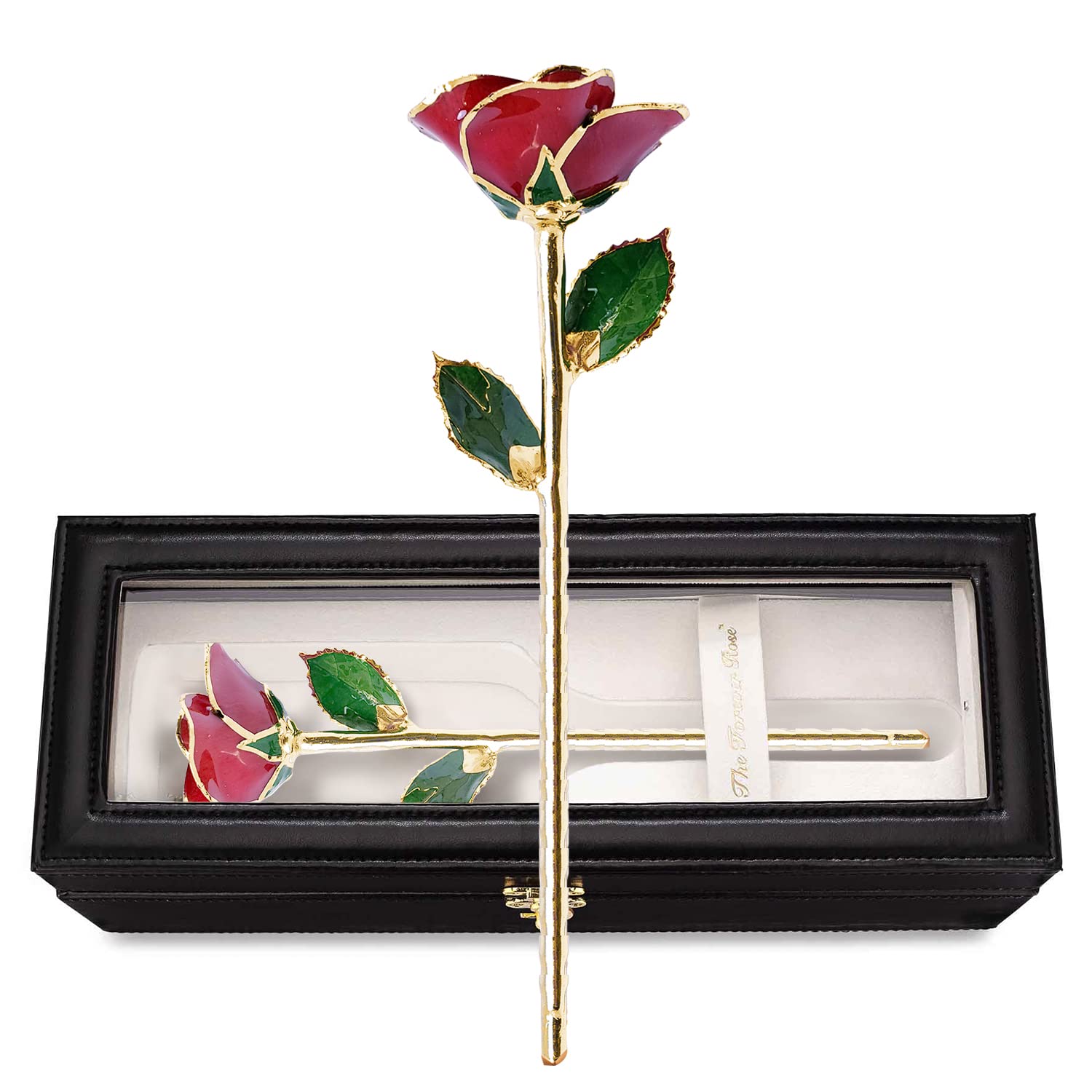Forever Rose Leather Case Bundle, Genuine, One Of A Kind, Real Gold Trimmed Bloomed Red Rose With Beautiful Leather Case With Le