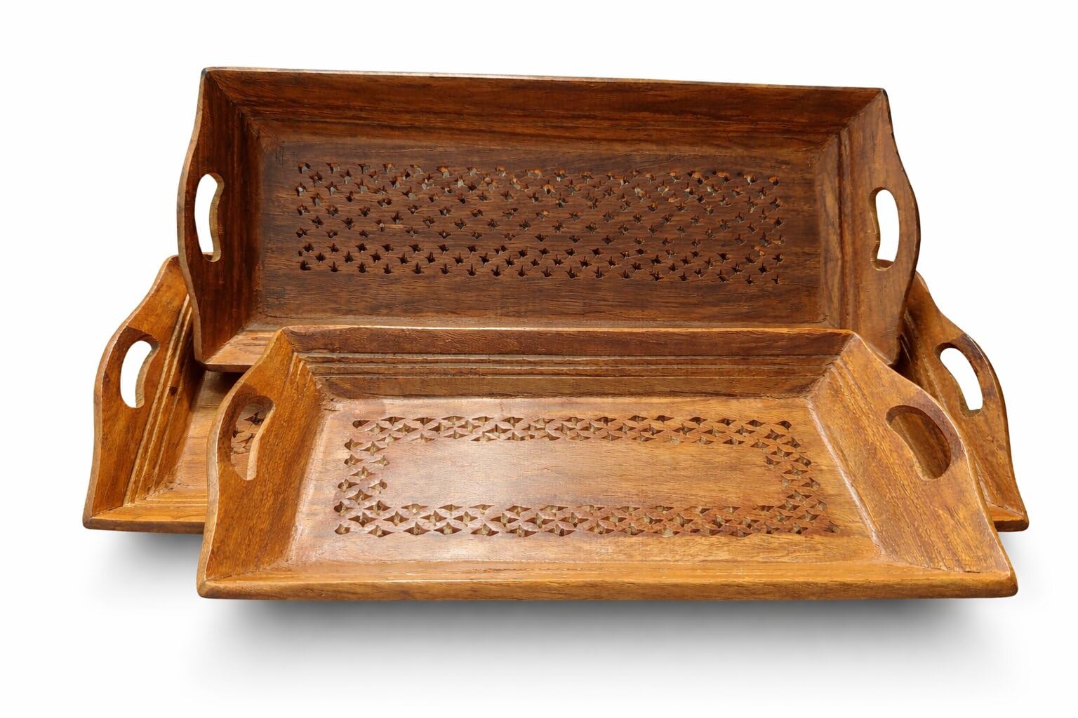 Auranest Decors Set Of 3 Wooden Serving Trays (38, 33, 28 Cm) | Nesting Tea & Snack Serving Tray Set For Kitchen, Dining Table &