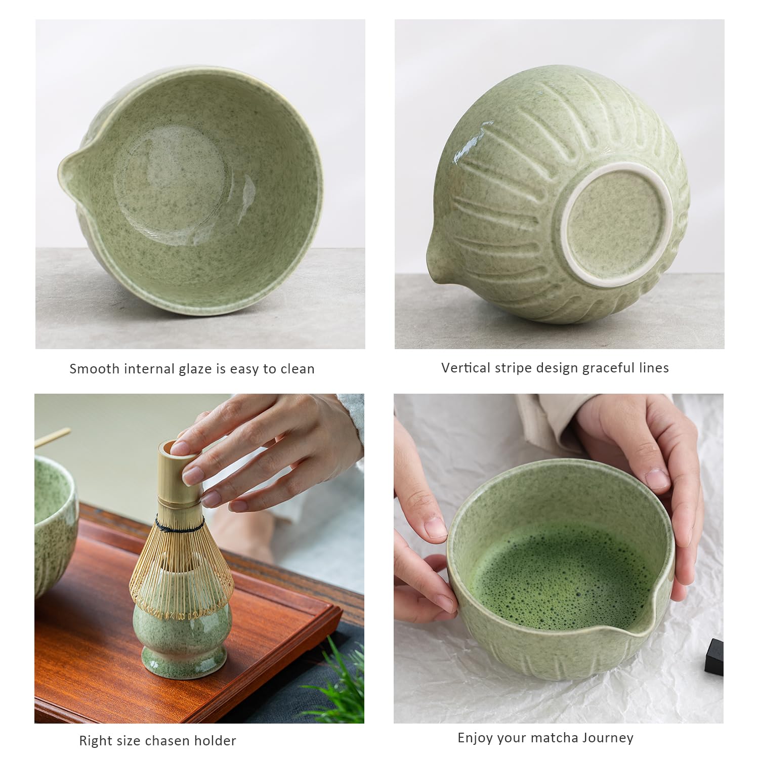 Tang Pin Matcha Set - Match Bowl With Spout And Whisk, 15 Oz, Matcha Scoop | Matcha Whisk Stand (Chasen Holder) - 4Pc Perfect Ma