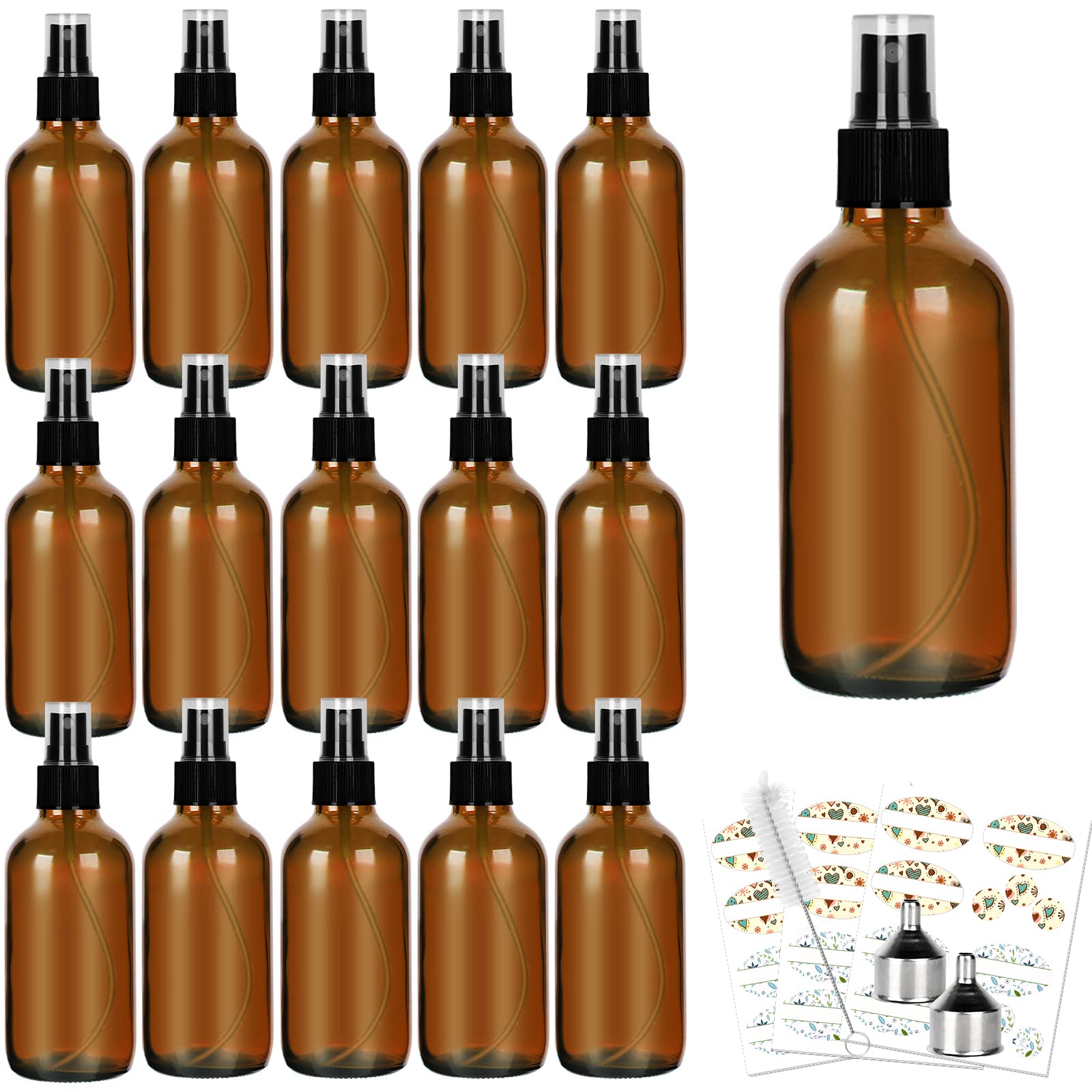 Cyclemore 120Ml 16Pcs 4Oz Amber Glass Spray Bottles With Fine Mist Sprayers, Glass Travel Bottles For Cosmetic Essential Oils Cl